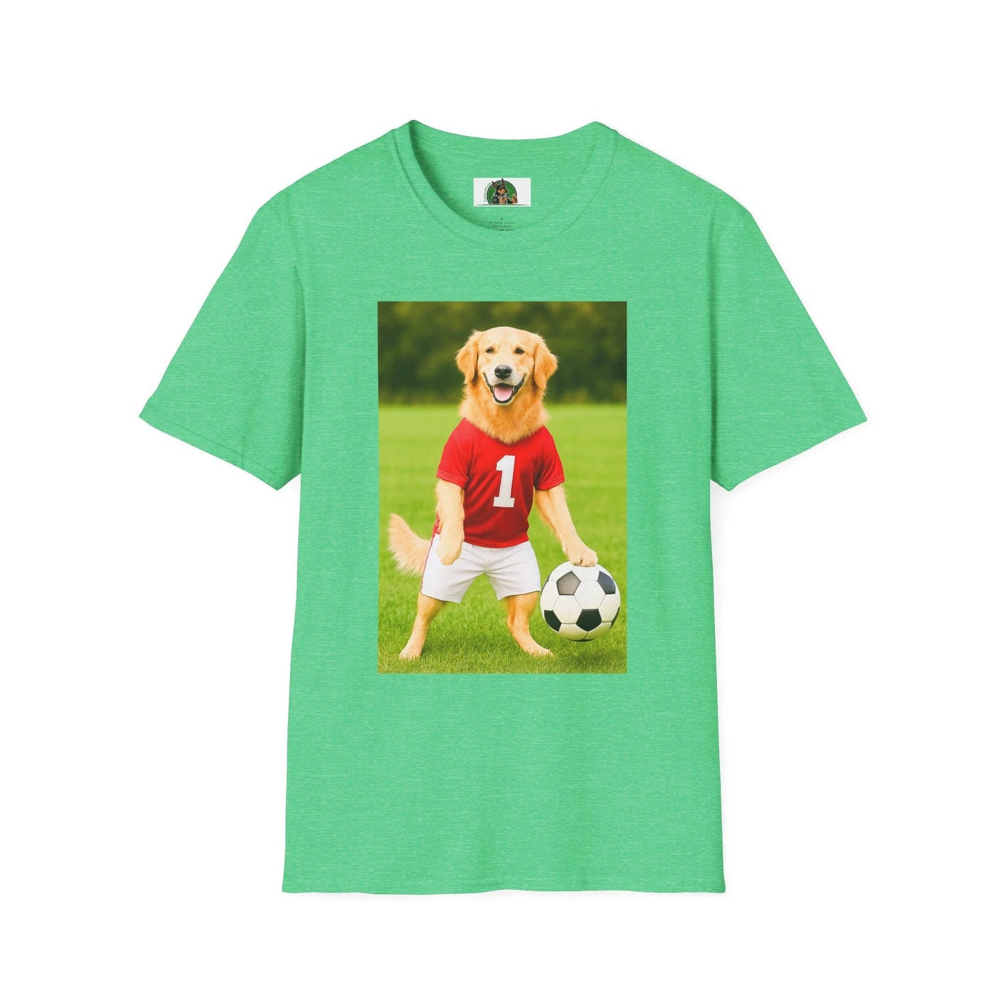 Golden Retriever Playing Soccer T-Shirt — Dog Soccer Tee Sports T-Shirt Printify Heather Irish Green S
