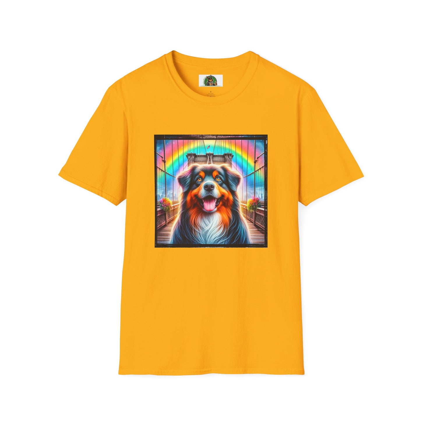 Australian Shepherd Bright Rainbow Bridge T-Shirt Printify S Gold