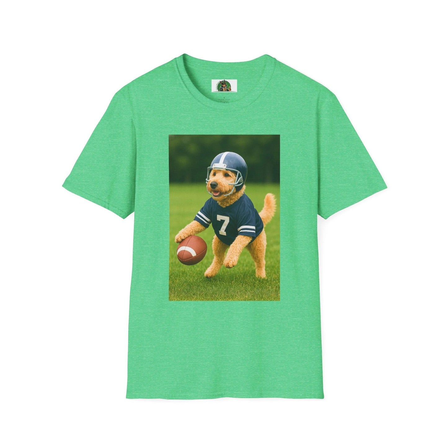 Golden Doodle Playing Football T-Shirt — Sports Dog Lover Tee T-Shirt Printify Heather Irish Green S