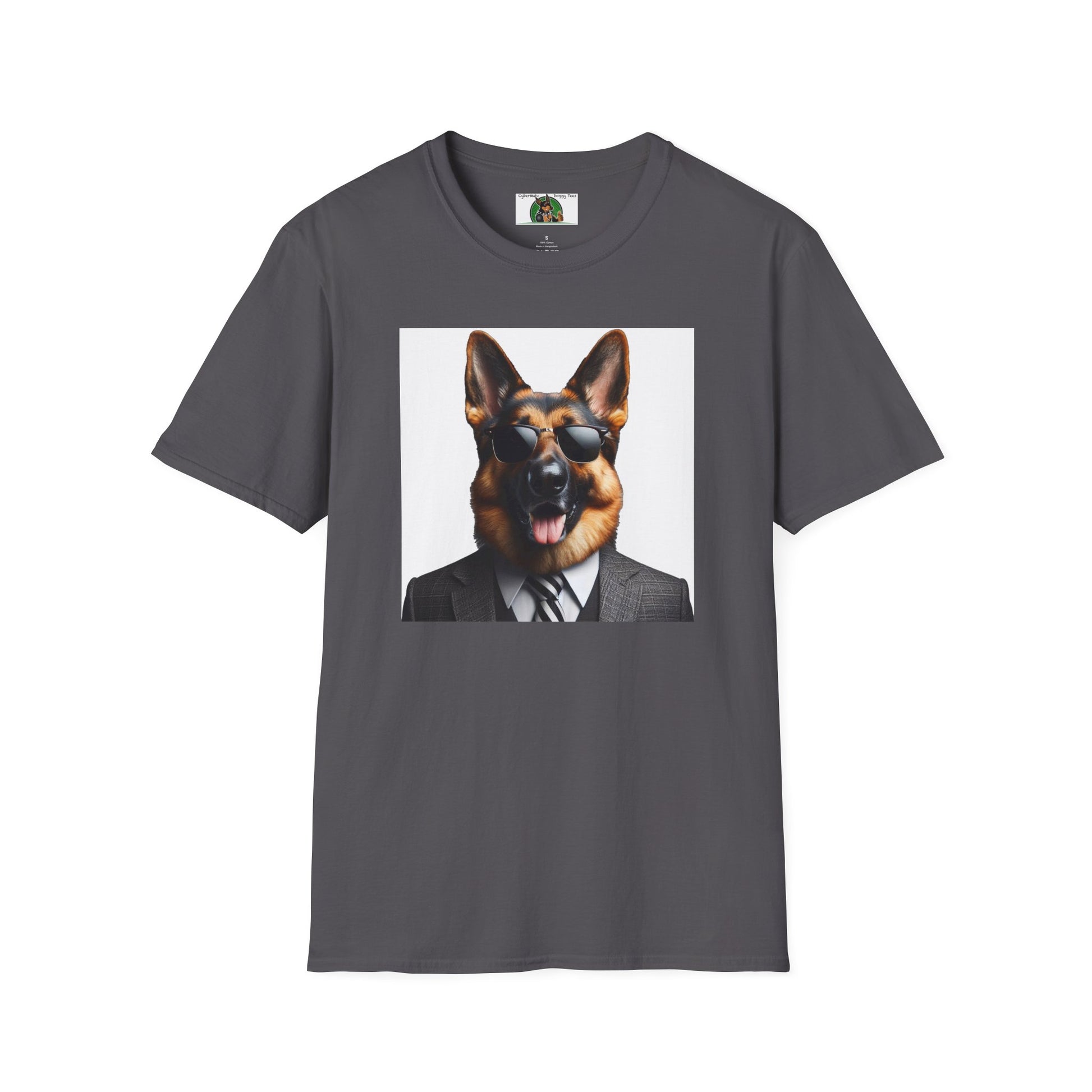 German Shepherd in Suit and Sunglasses Unisex Softstyle T-Shirt T-Shirt Printify S Charcoal