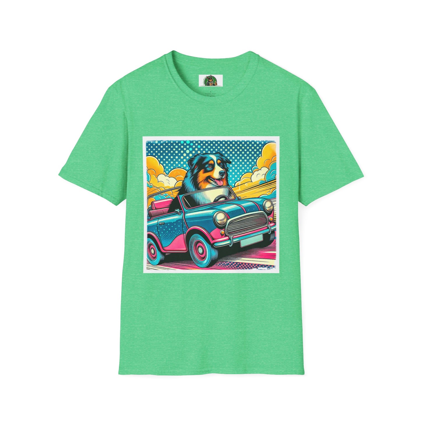 Wacky Australian Shepherd Dog In Colorful Car T-Shirt Printify S Heather Irish Green