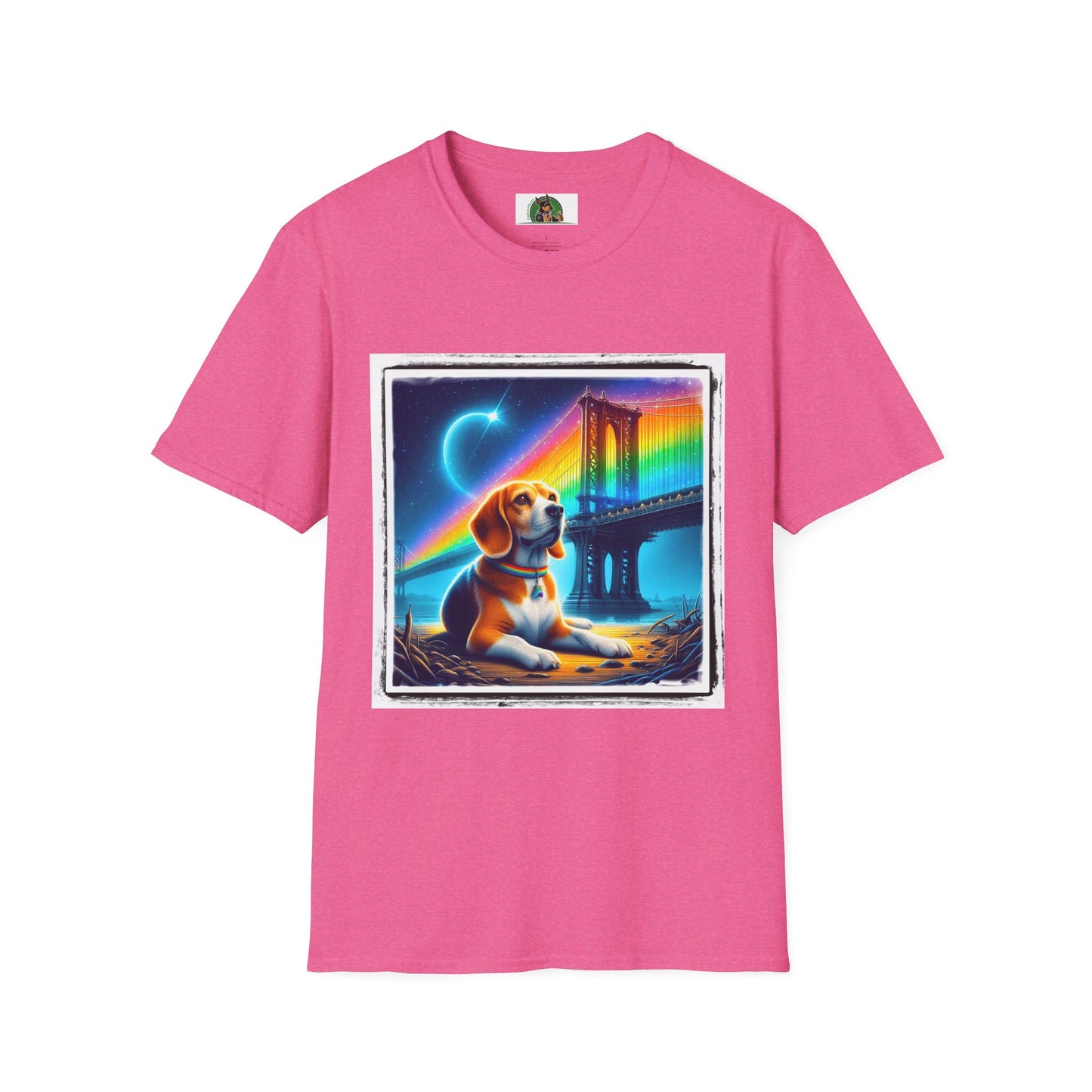 Beagle Sitting Under Rainbow Bridge T-Shirt Printify S Heather Heliconia 