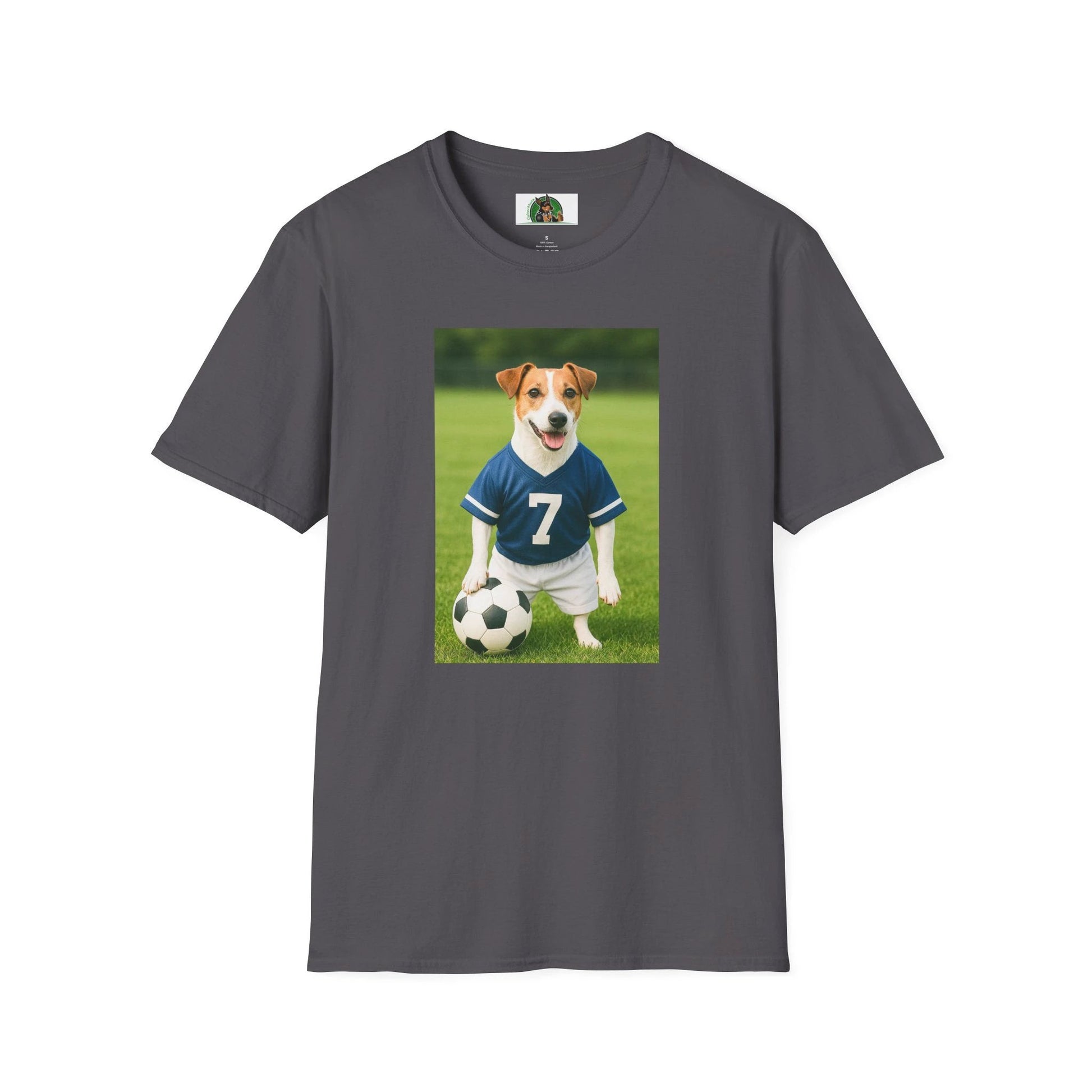 Jack Russell Soccer T-Shirt — Sports Dog Tee for Fans & Pet Lovers T-Shirt Printify Charcoal S