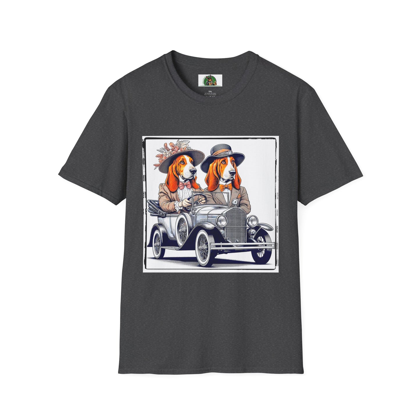 Wacky Basset Hound Couple Riding In Old Car T-Shirt Printify XS Dark Heather