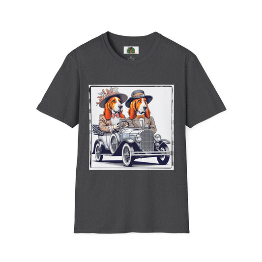 Wacky Basset Hound Couple Riding In Old Car T-Shirt Printify XS Dark Heather