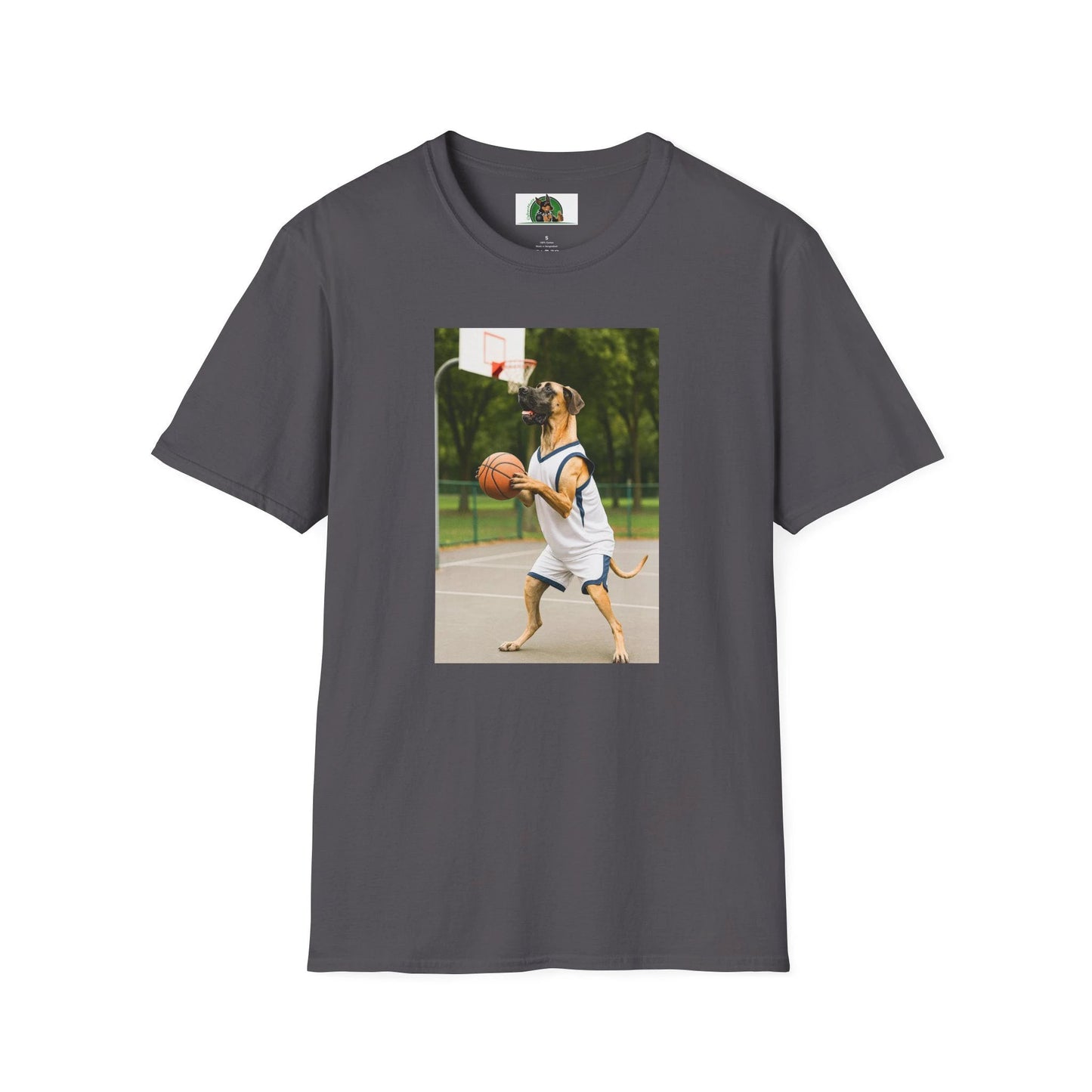 Great Dane Playing Basketball T-Shirt — Sports Dog Tee T-Shirt Printify Charcoal S