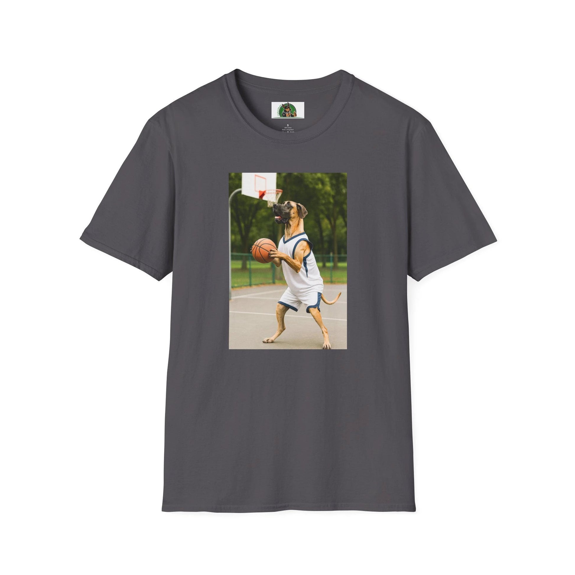 Great Dane Playing Basketball T-Shirt — Sports Dog Tee T-Shirt Printify Charcoal S