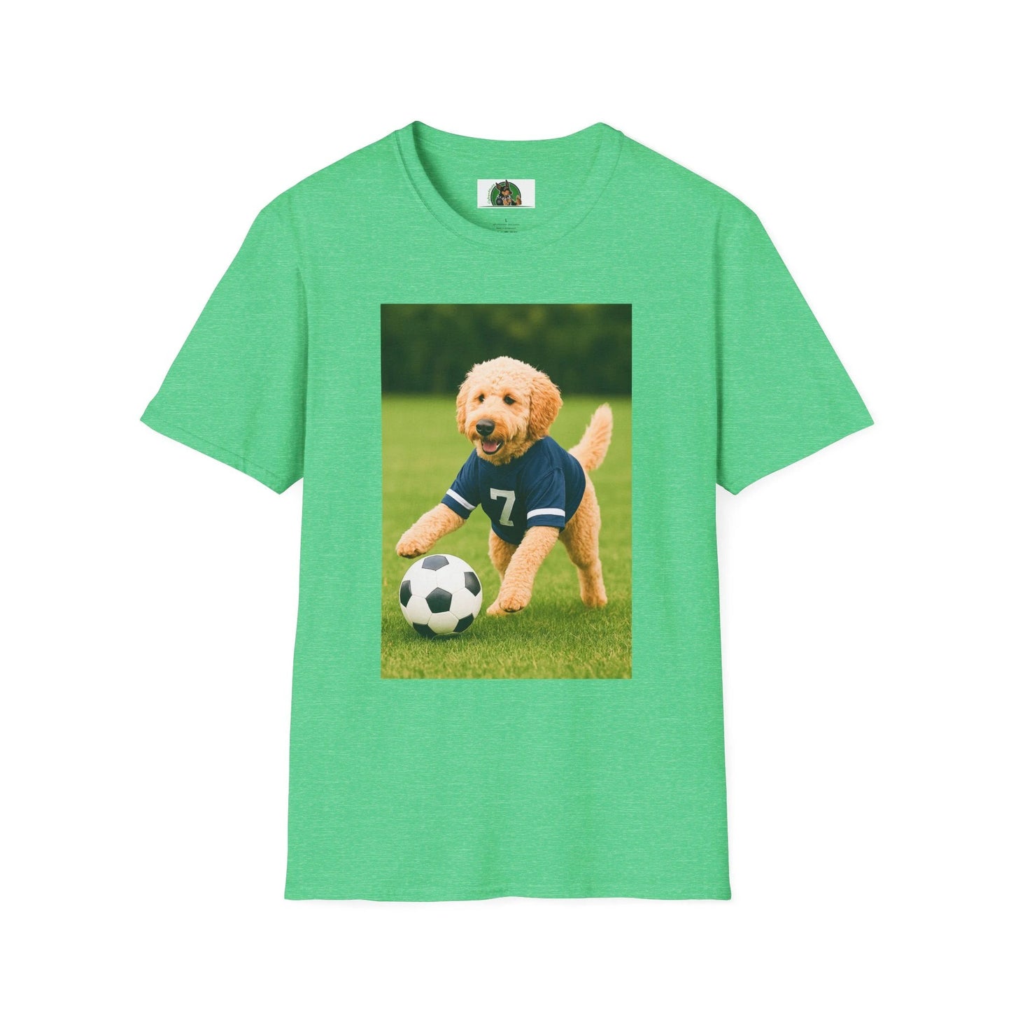Golden Doodle Soccer T-Shirt — Sports Dog Playing Soccer T-Shirt Printify Heather Irish Green S
