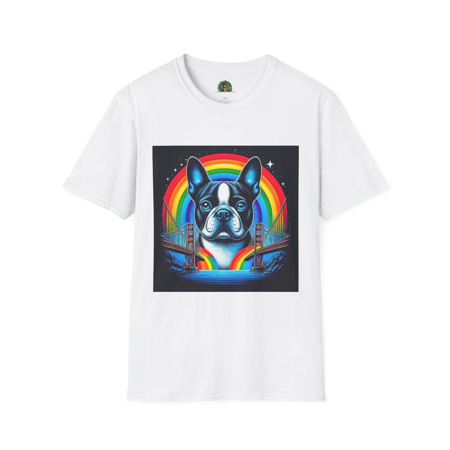 Boston Terrier Dog Overlooking Rainbow Bridge T-Shirt Printify S White 