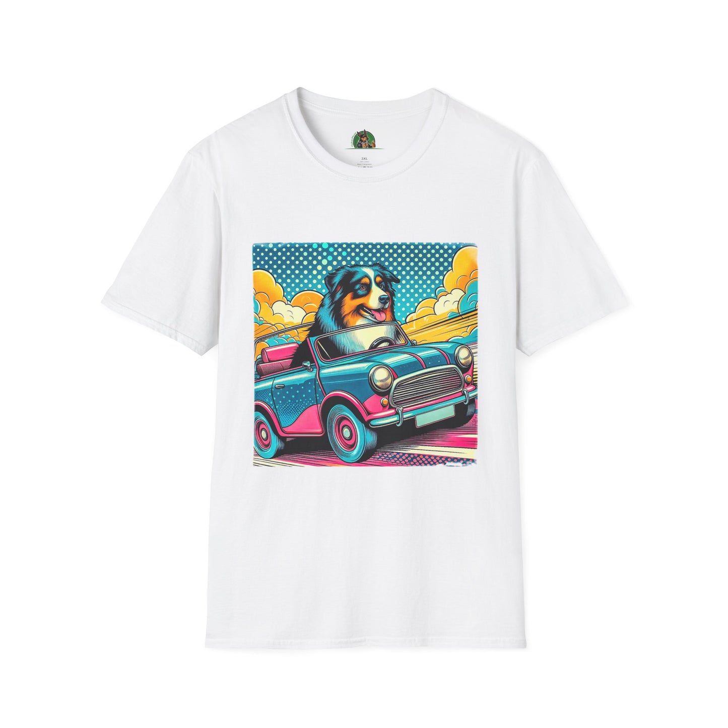 Wacky Australian Shepherd Dog In Colorful Car T-Shirt Printify XS White