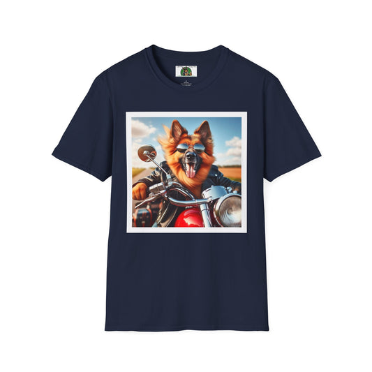 German Shepherd "Motorcycle!" Unisex Softstyle T-Shirt T-Shirt Printify S Navy 