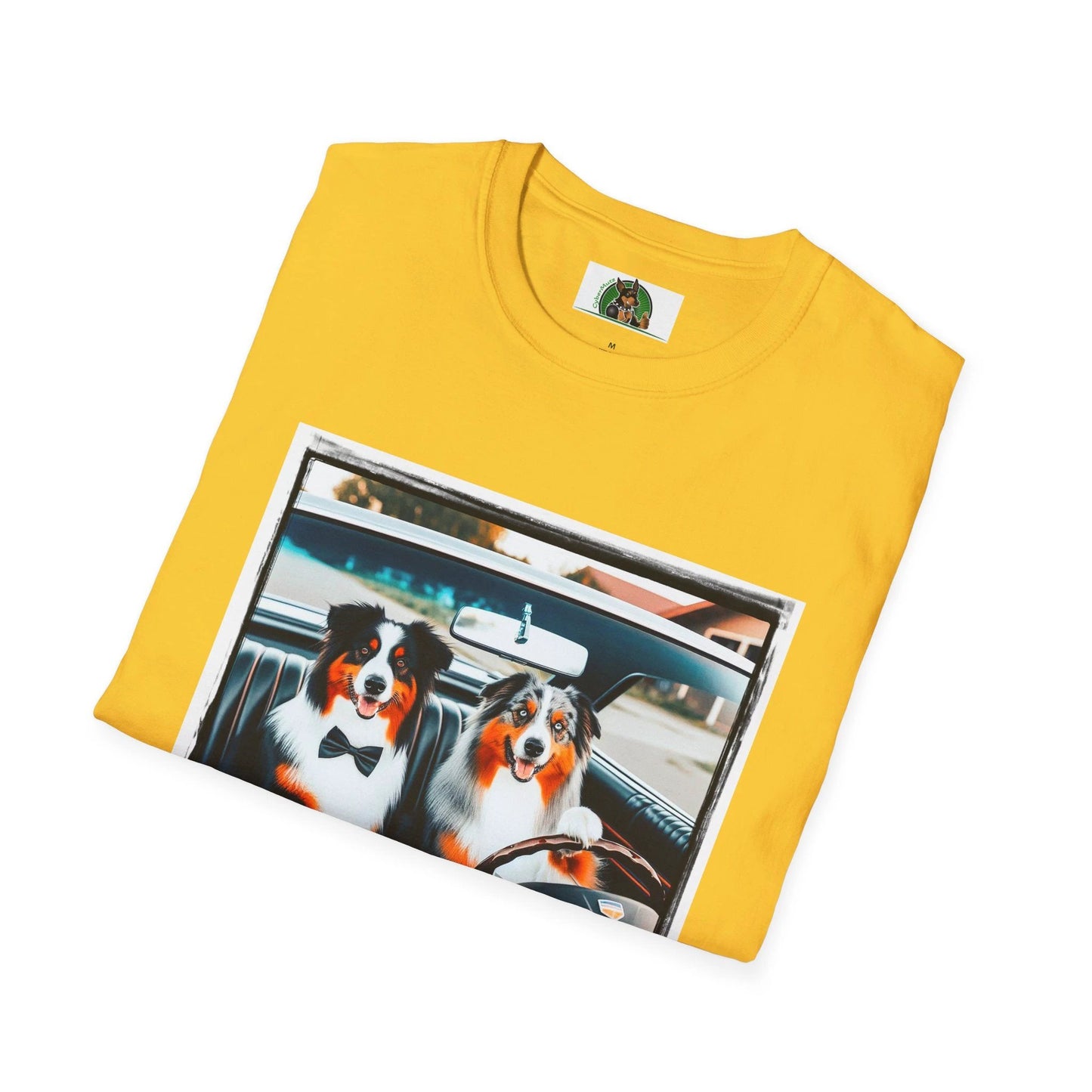 Australian Shepherd Couple Sunday Driving Tee For Dog Lovers Graphic Tee Great Gift Idea by Printify