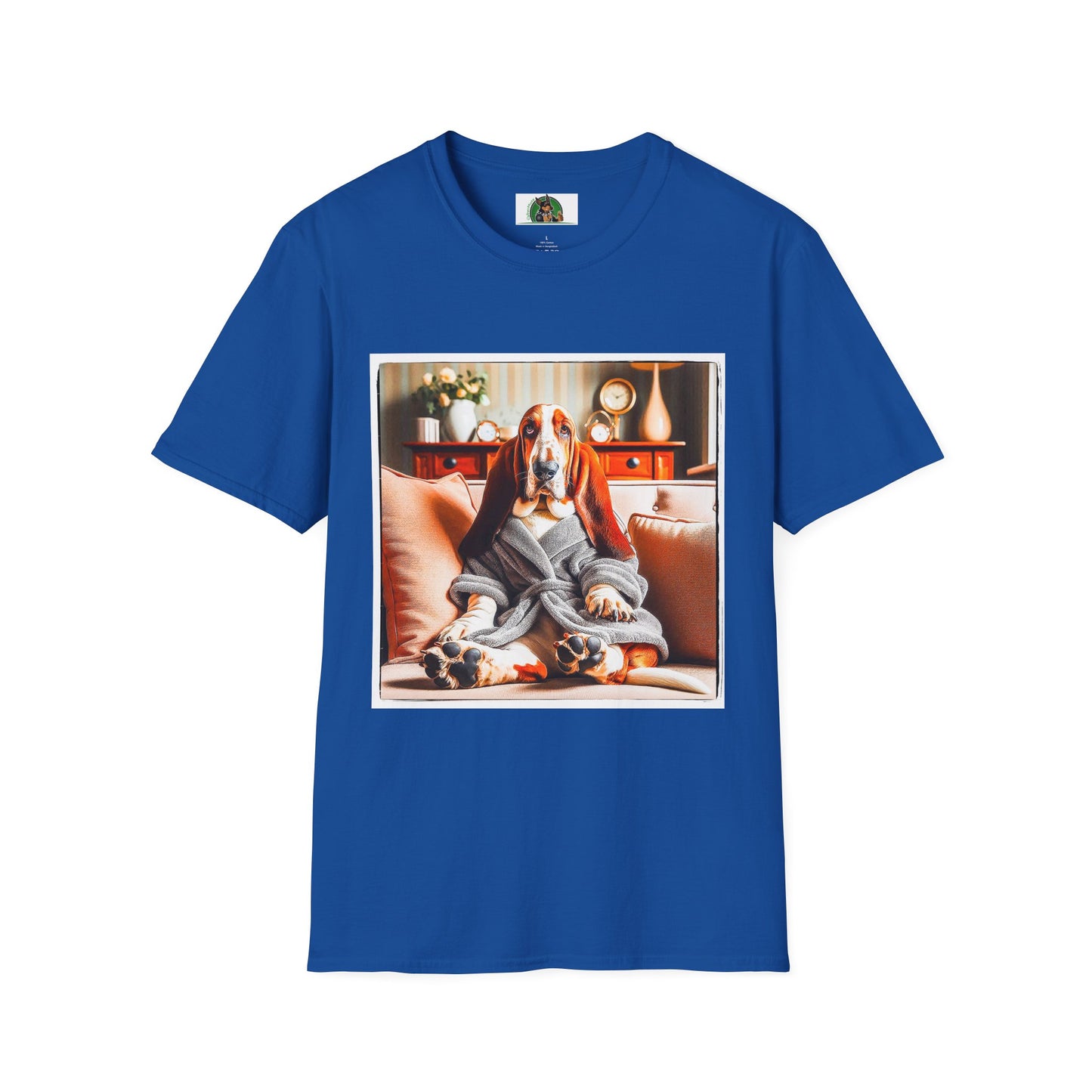 Basset Hound In Bath Robe Sitting On Couch T-Shirt Printify XS Royal