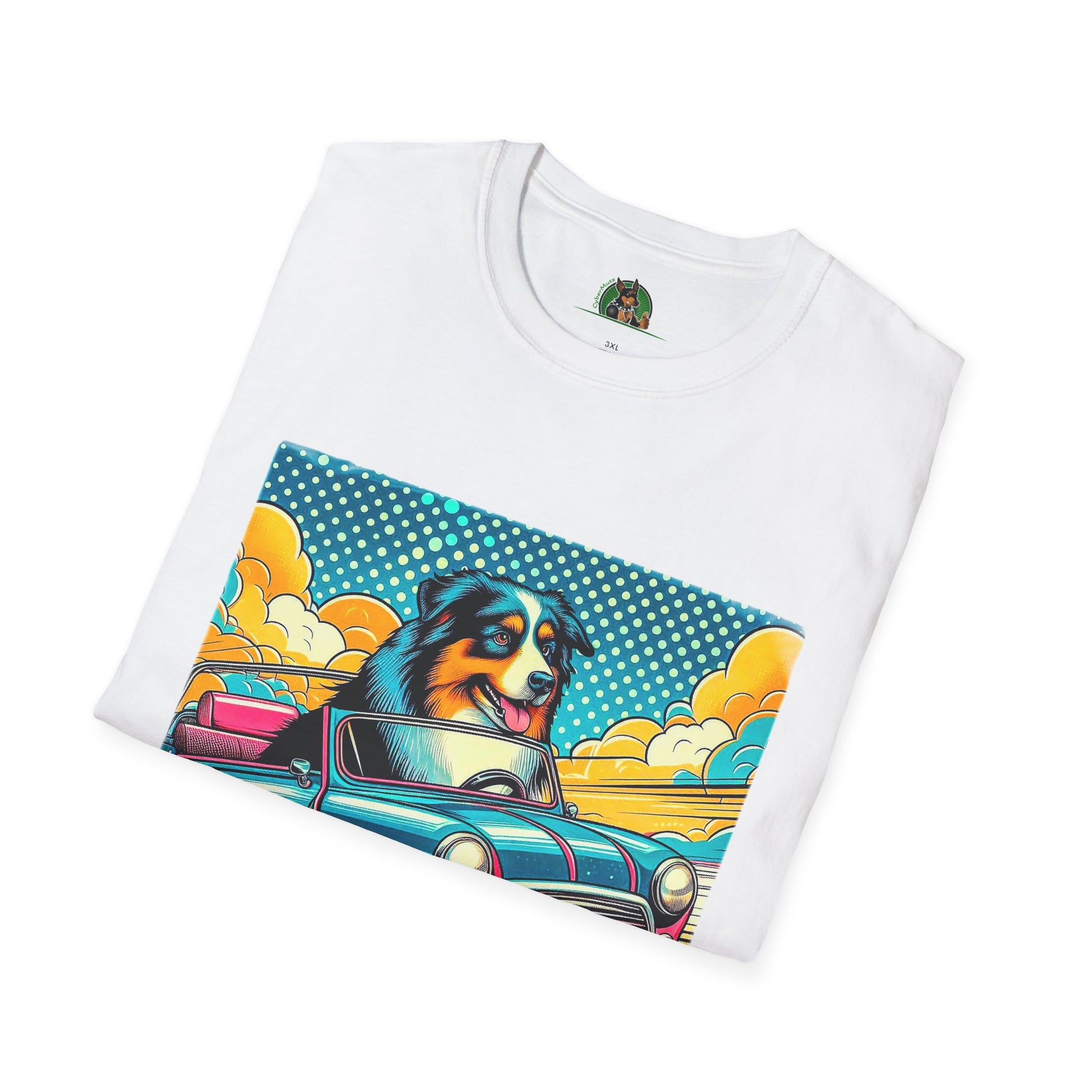 Wacky Australian Shepherd Dog In Colorful Car T-Shirt Printify