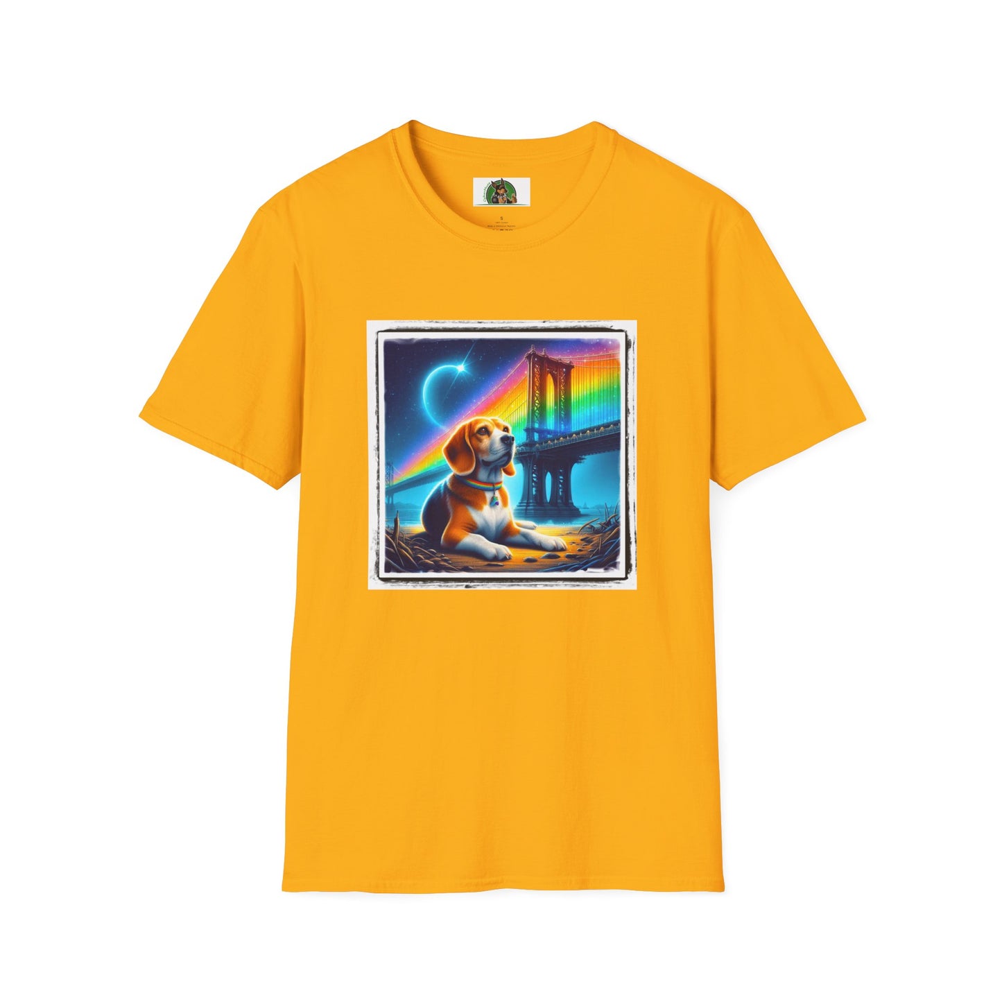 Beagle Sitting Under Rainbow Bridge T-Shirt Printify S Gold 