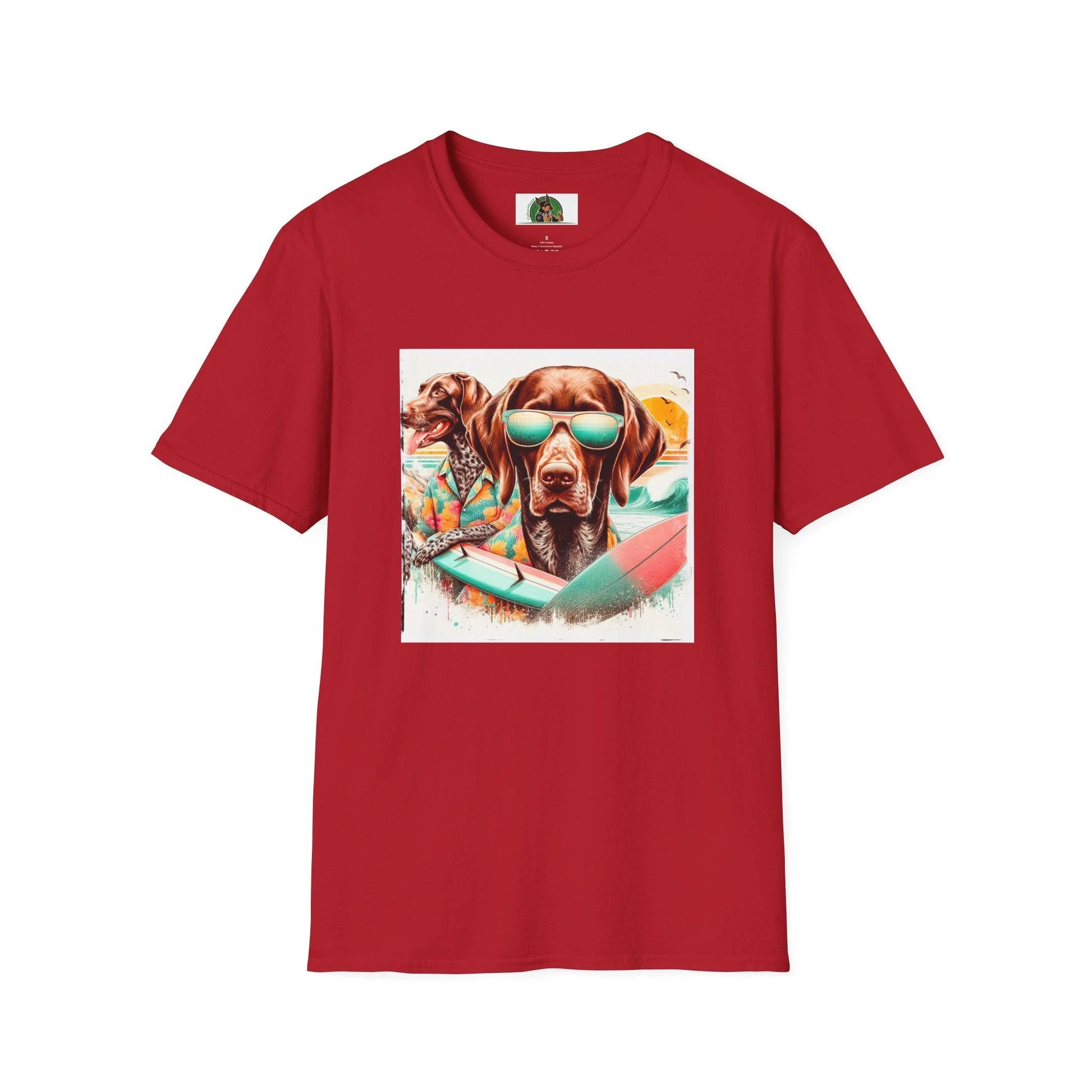 German Shorthaired Pointer Friends Surfing Unisex Tee Soft Style Beach Dog Lover Shirt T-Shirt Printify S Cherry Red