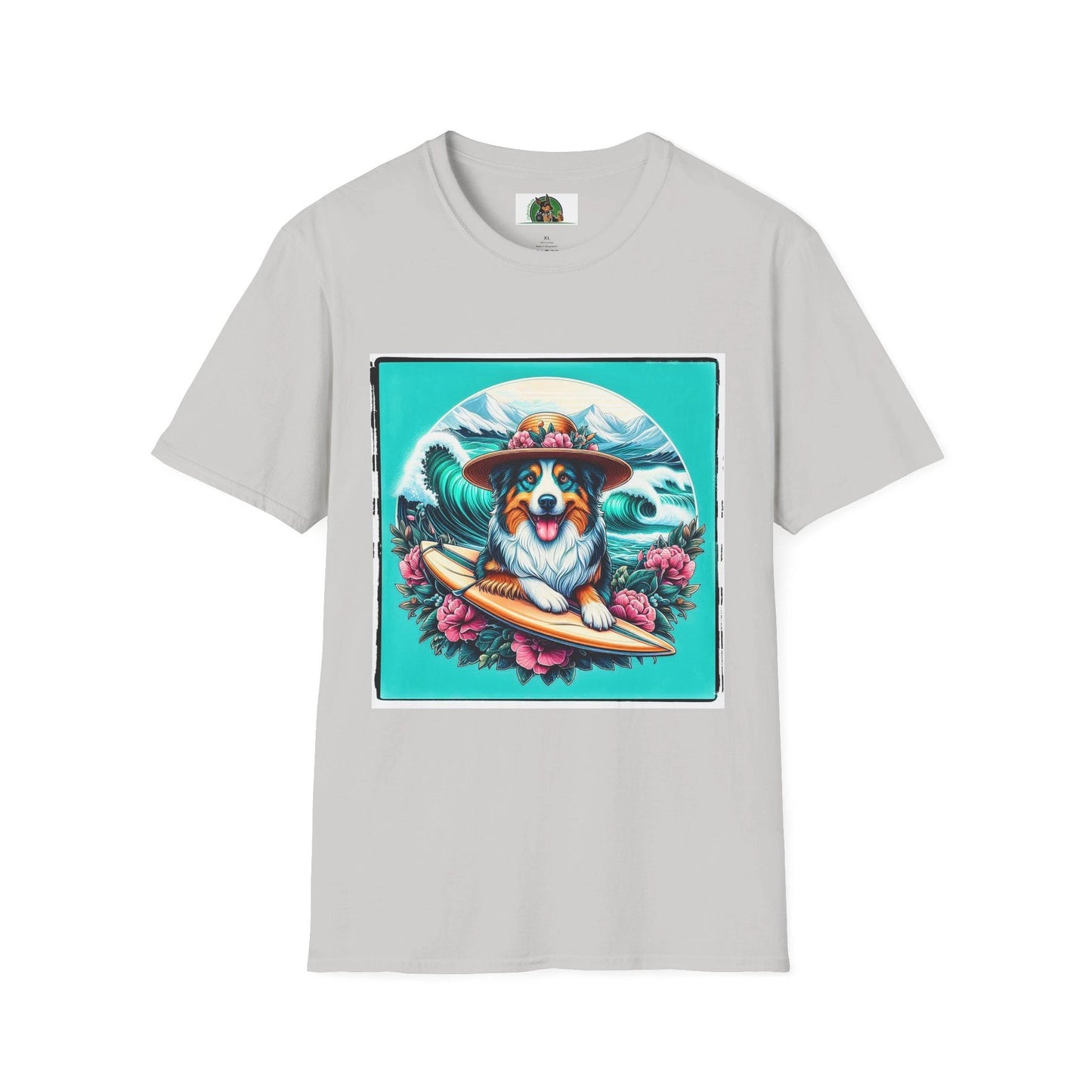 Australian Shepherd Unisex Tee With Floral Hat Surfer Dog Design For Ocean Lovers T-Shirt Printify S Ice Grey