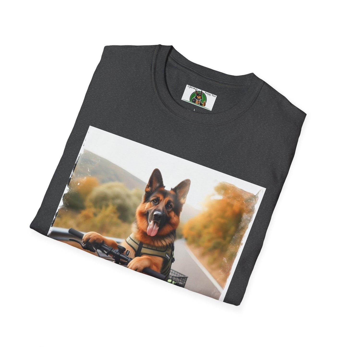 German Shepherd Dog Road Biking! Unisex Softstyle T-Shirt T-Shirt Printify