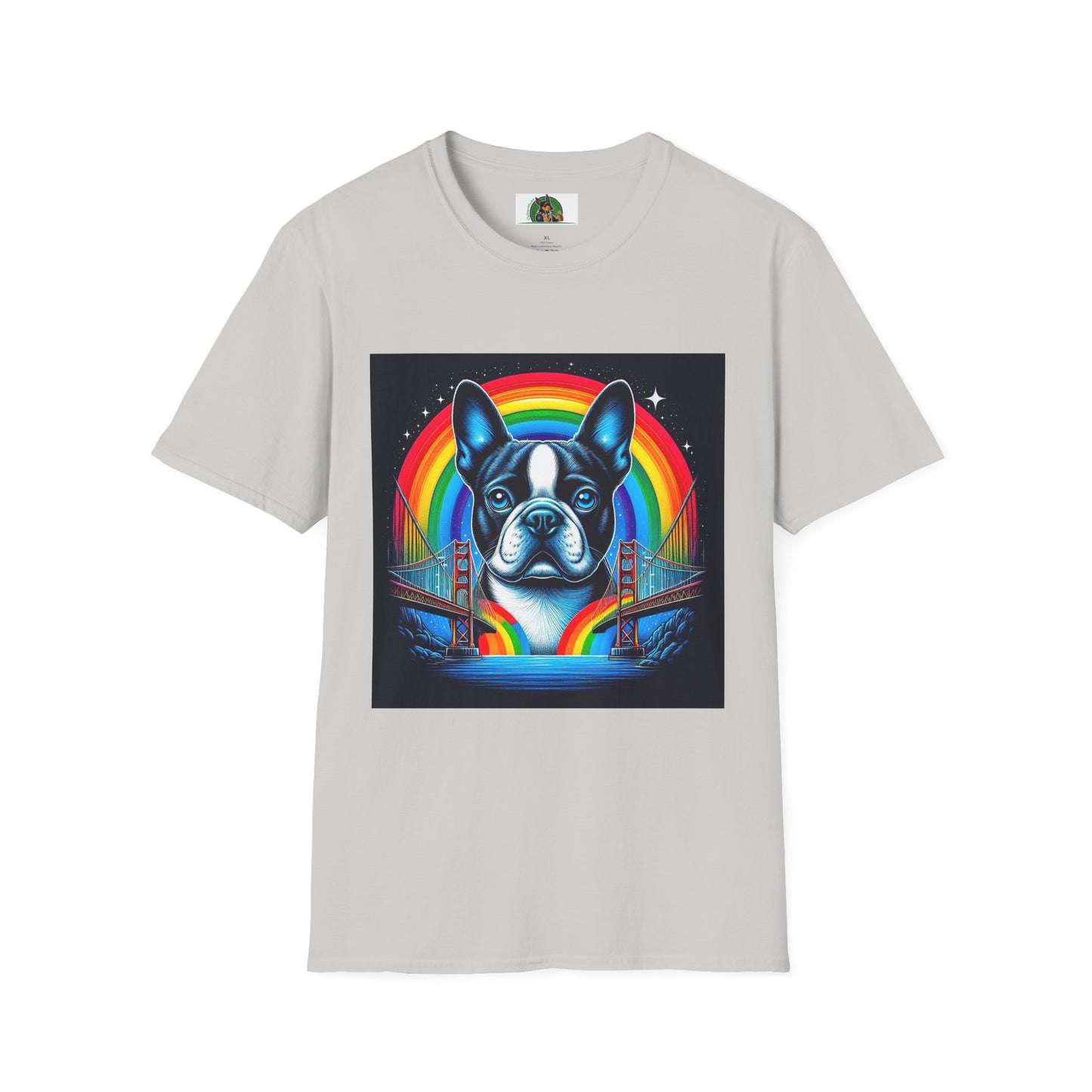 Boston Terrier Dog Overlooking Rainbow Bridge T-Shirt Printify S Ice Grey 