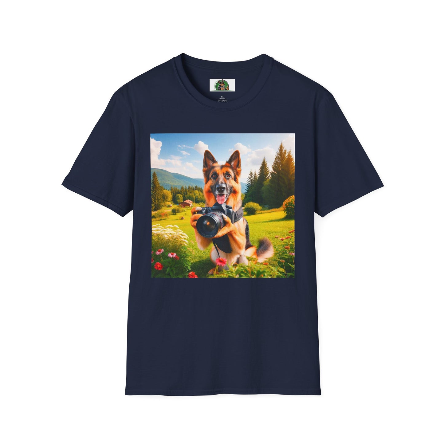 German Shepherd taking photos shirt T-Shirt Printify Navy S