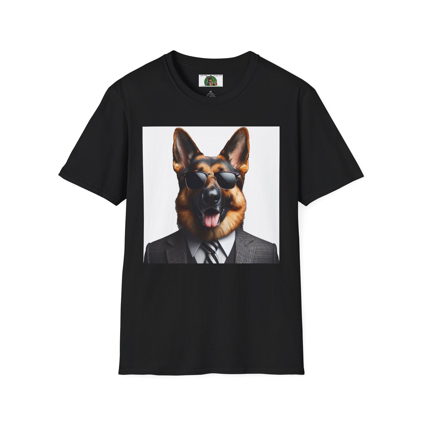 German Shepherd in Suit and Sunglasses Unisex Softstyle T-Shirt T-Shirt Printify S Black