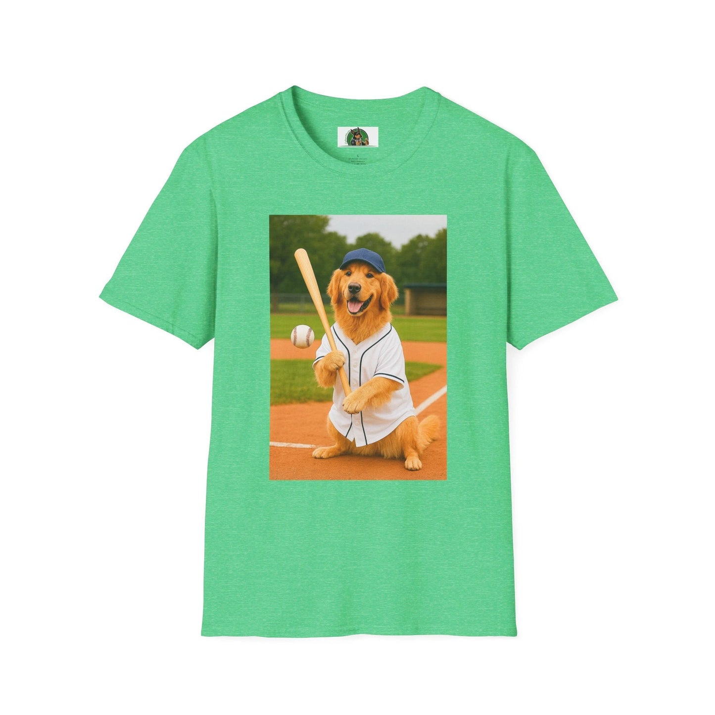 Golden Retriever Baseball T-Shirt — Sports Dog Playing Baseball Shirt T-Shirt Printify Heather Irish Green S