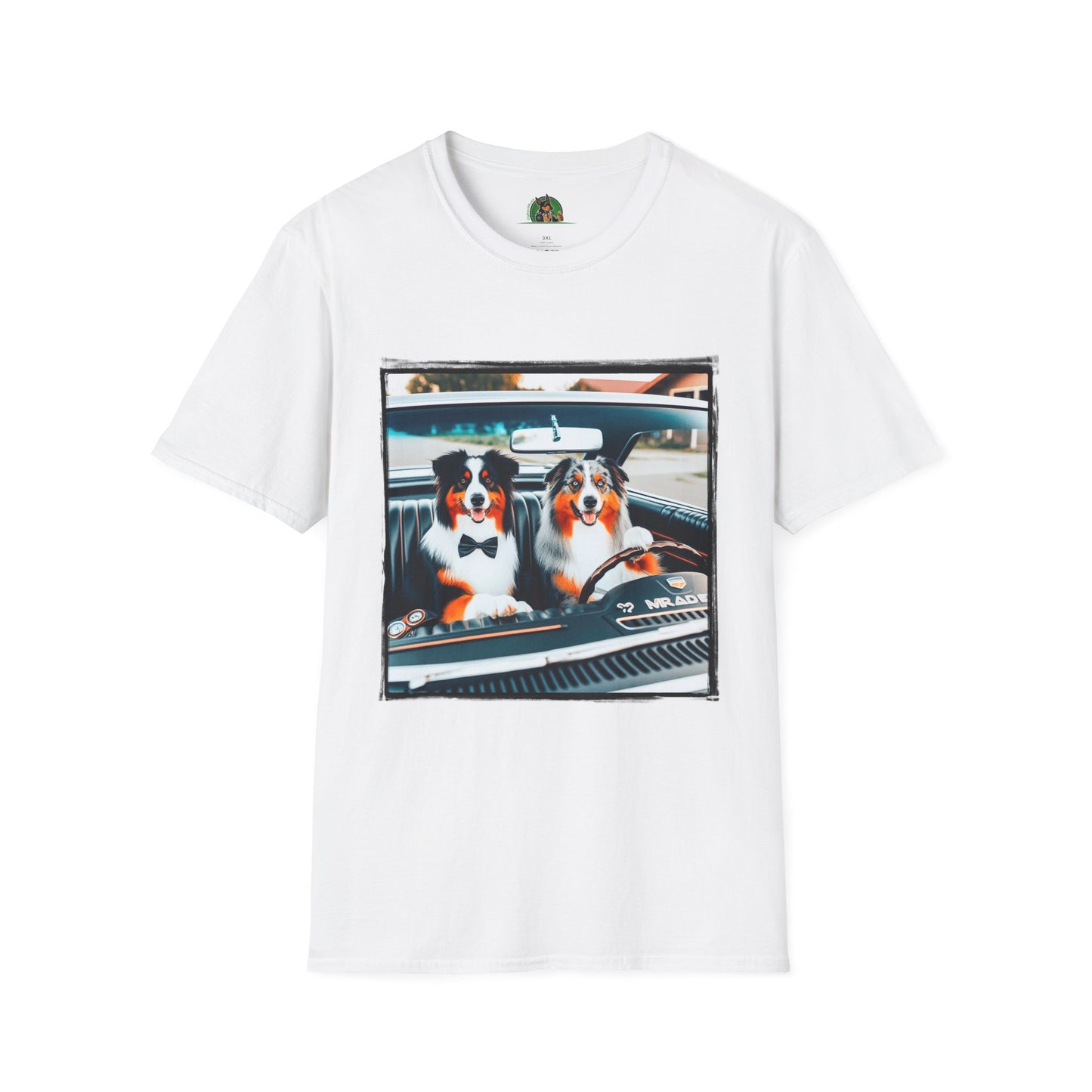 Australian Shepherd Couple Sunday Driving T-Shirt Printify XS White 