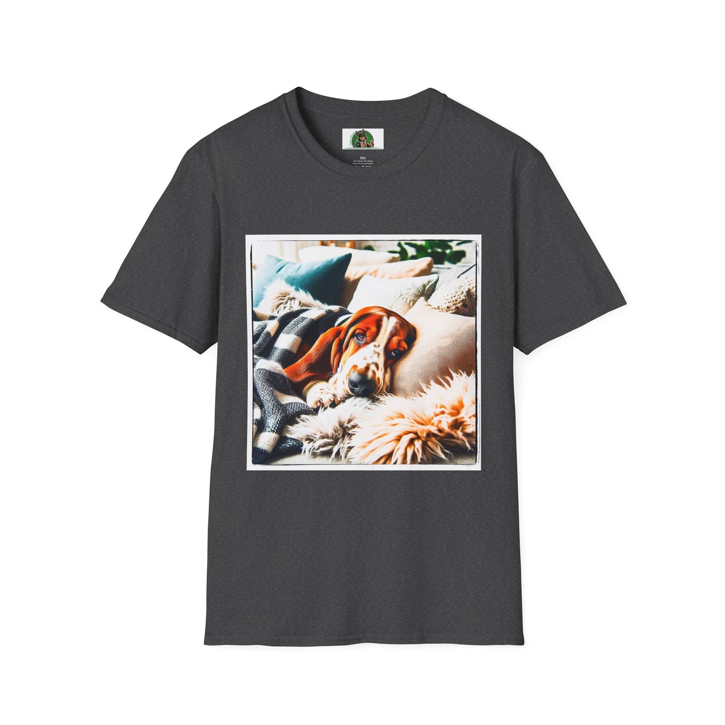 Basset Hound Sleeping In Comfy Blanket T-Shirt Printify XS Dark Heather 