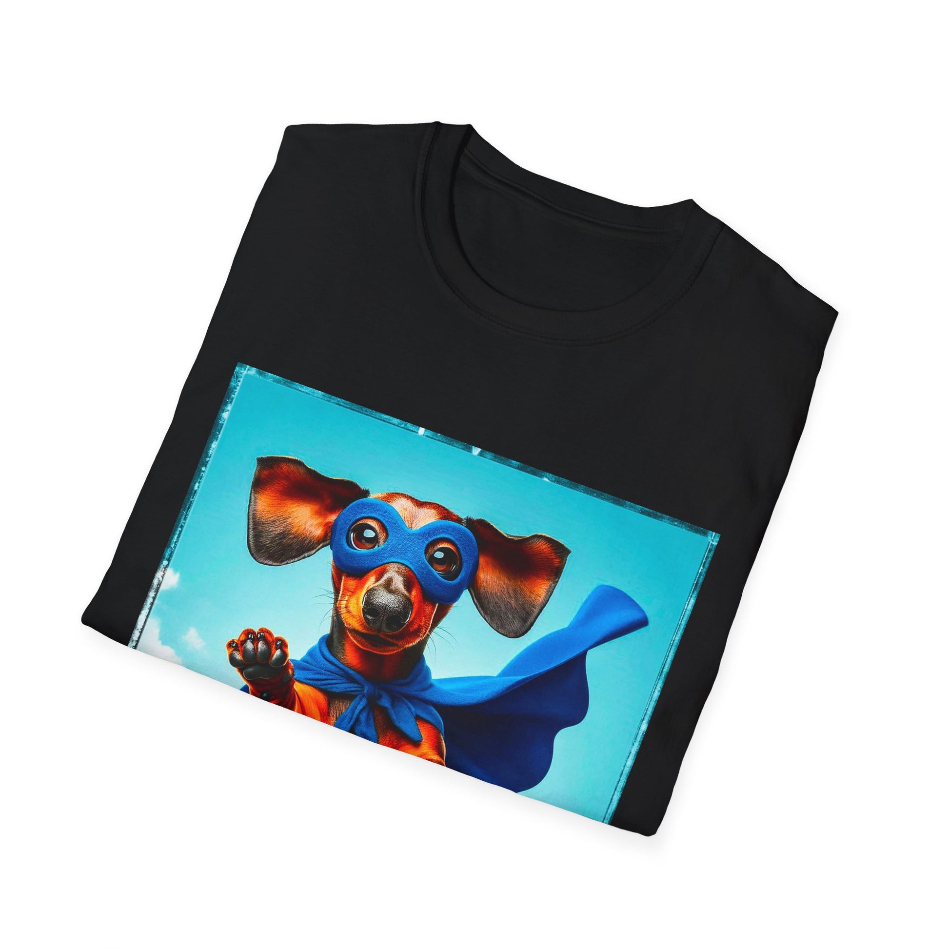 Dachshund flying superhero t shirt T-Shirt Printify