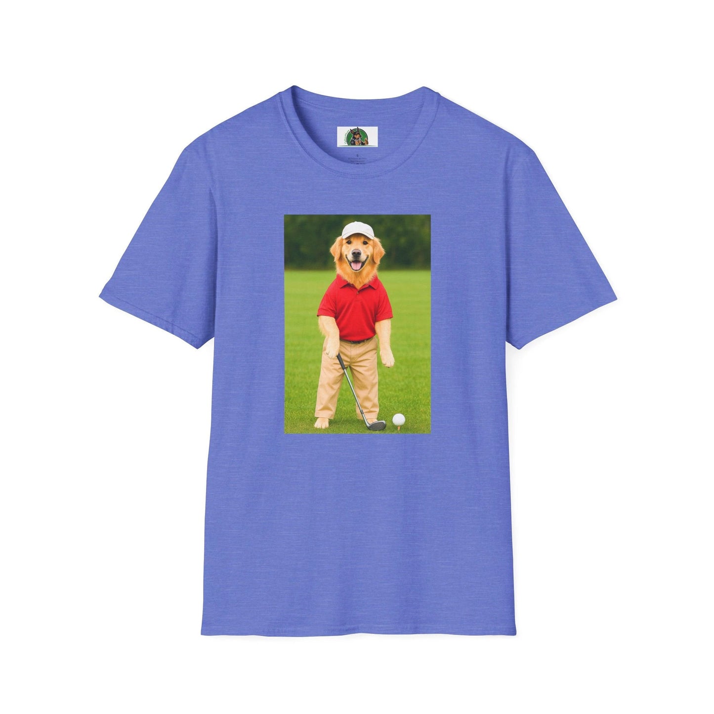 Golden Retriever Playing Golf T-Shirt — Funny Dog Golfing Sports Tee T-Shirt Printify Heather Royal S