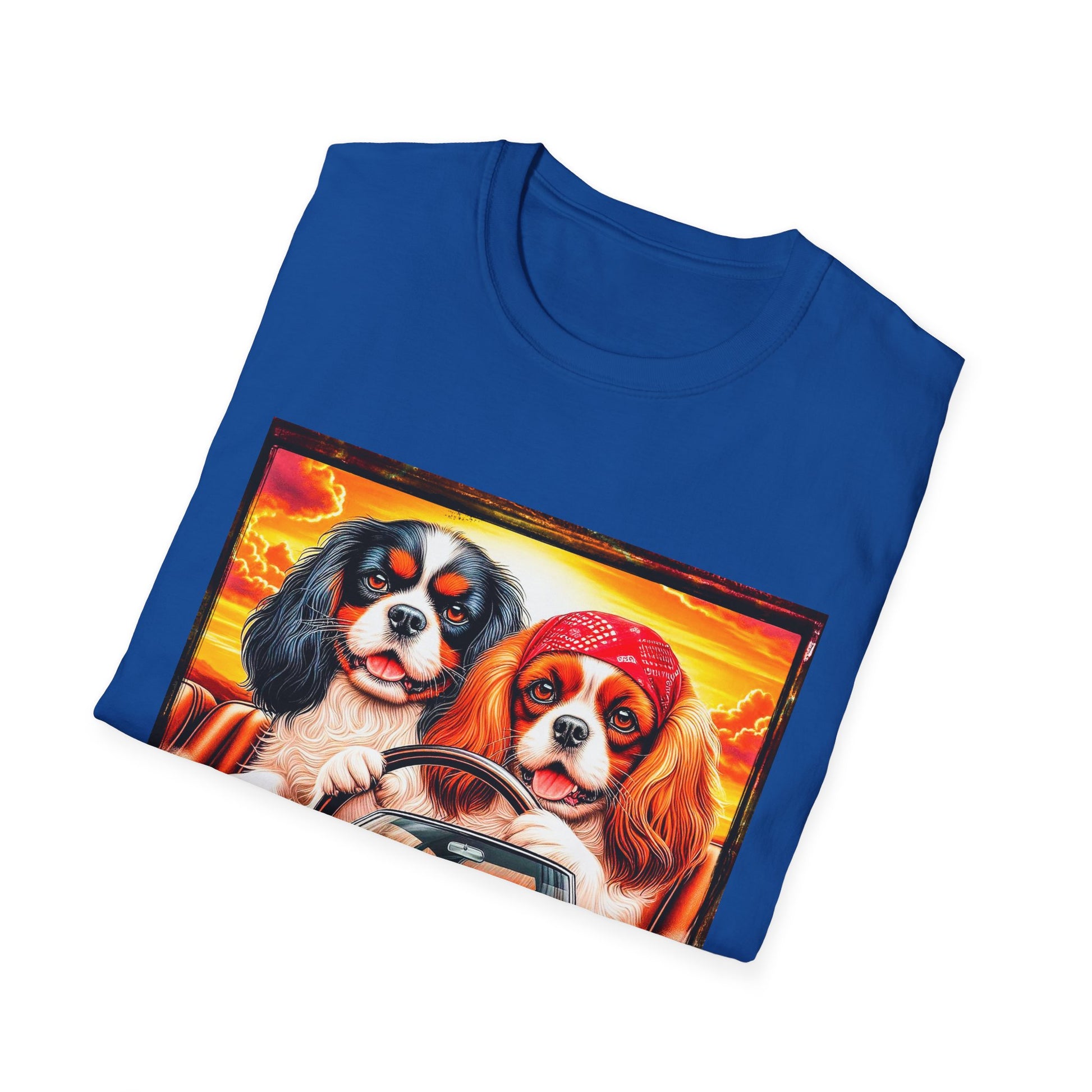 Cavalier King Charles Spaniel Hippie Couple Dogs In Car TShirt T-Shirt Printify