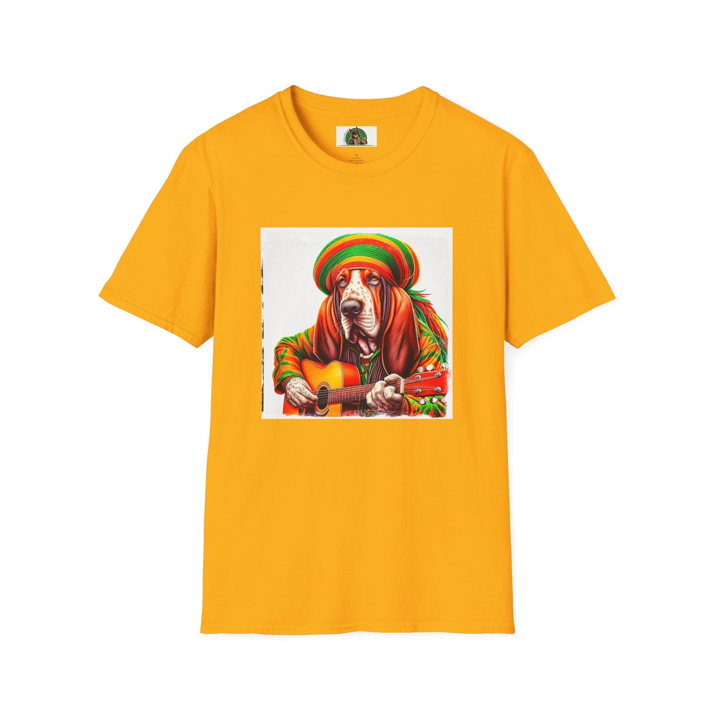 Basset Hound Rasta Dog Playing Guitar T-Shirt Printify S Gold