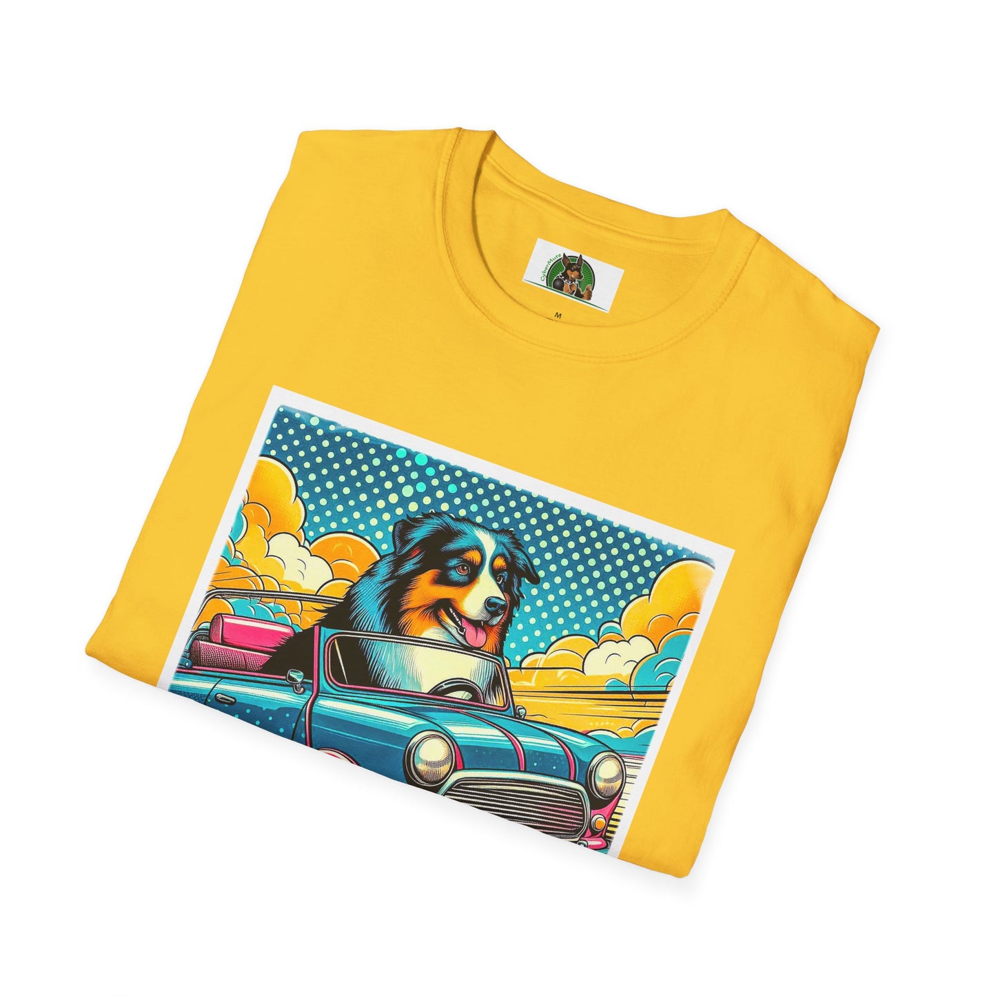 Wacky Australian Shepherd Dog In Colorful Car