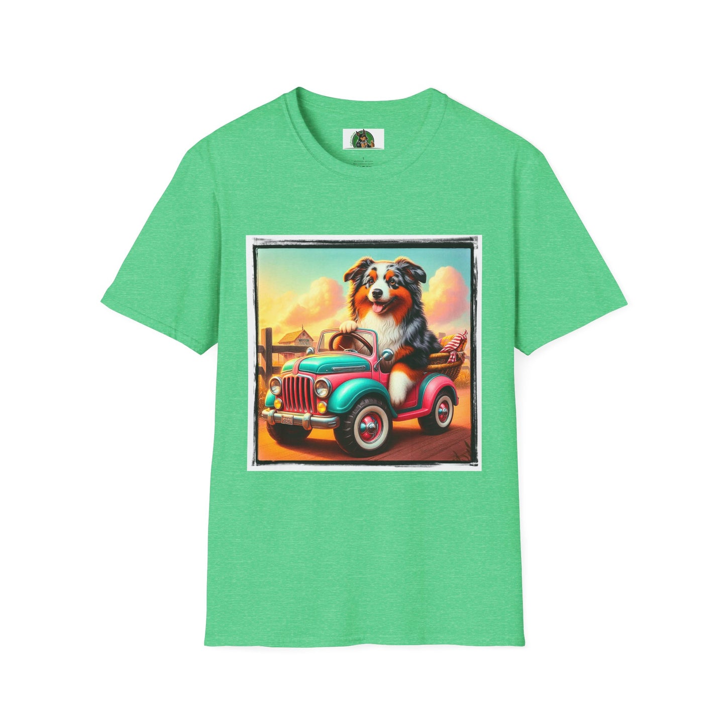 Wacky Australian Shepherd Dog In Mini Truck T-Shirt Printify S Heather Irish Green 