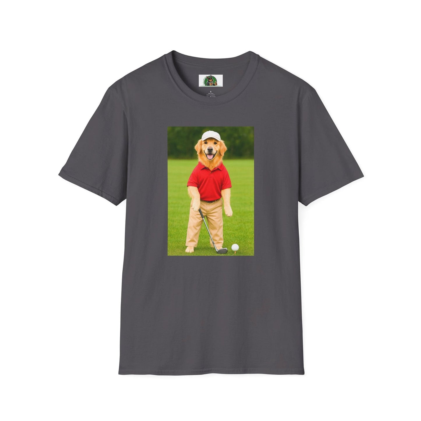 Golden Retriever Playing Golf T-Shirt — Funny Dog Golfing Sports Tee T-Shirt Printify Charcoal S
