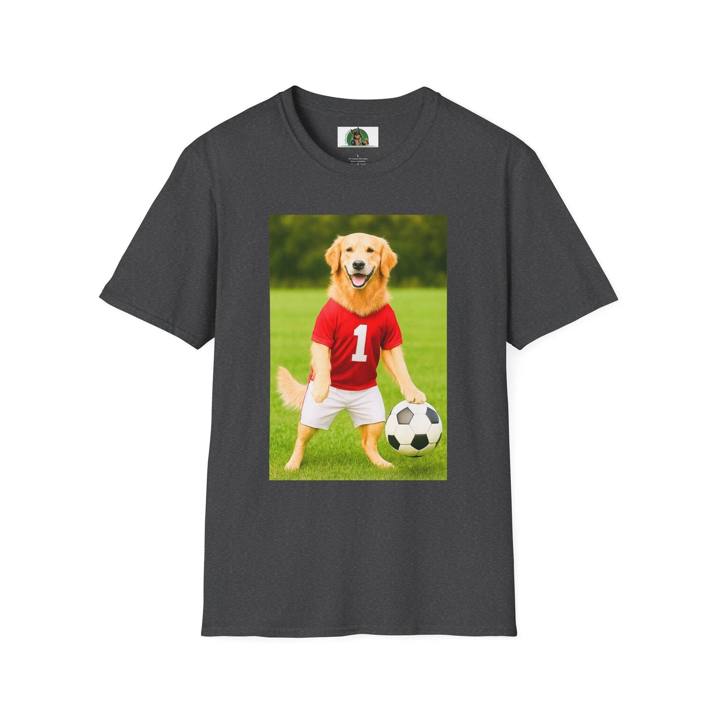 Golden Retriever Playing Soccer T-Shirt — Dog Soccer Tee Sports T-Shirt Printify Dark Heather S