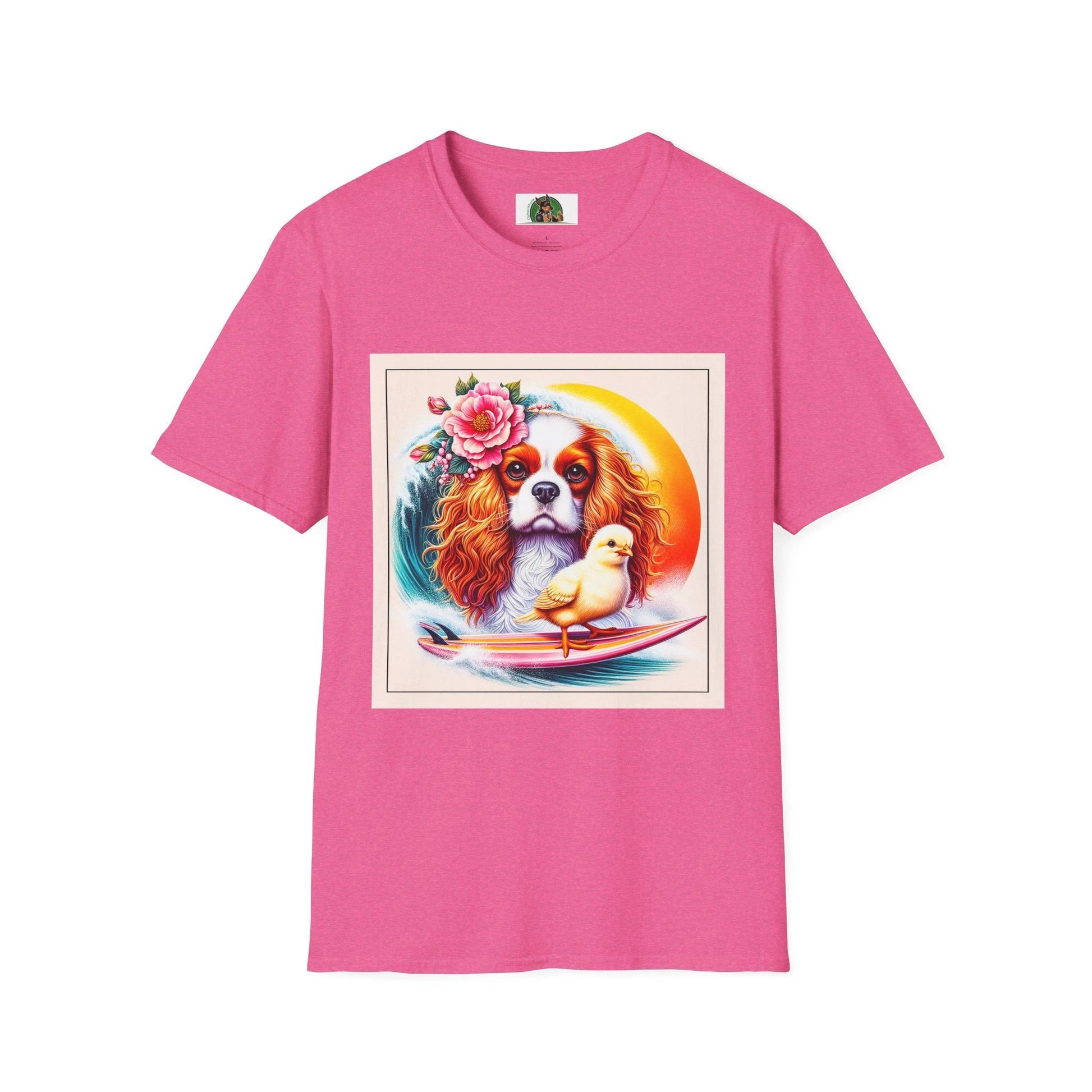 Cavalier King Charles Spaniel Sunset Surfer T Shirt For Dog Lovers Graphic Tee Collection T-Shirt Printify S Heather Heliconia