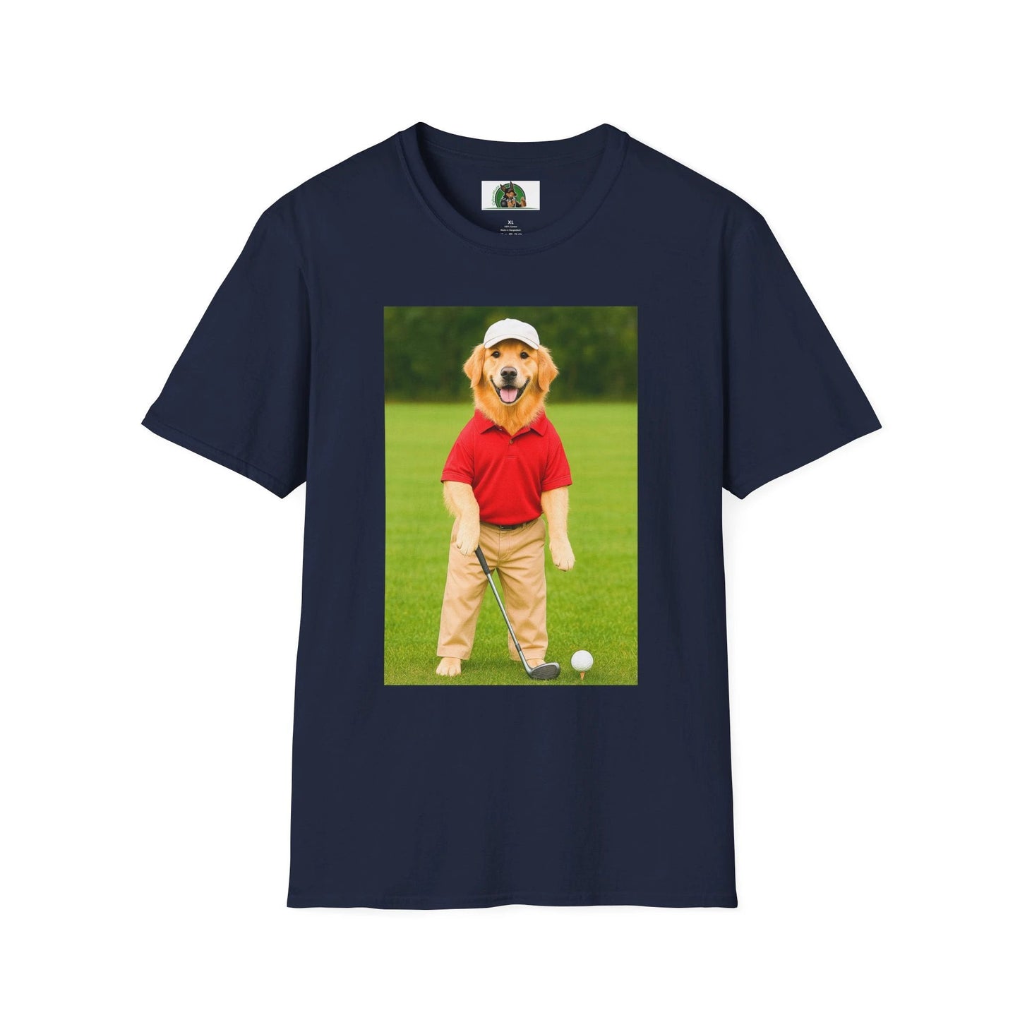 Golden Retriever Playing Golf T-Shirt — Funny Dog Golfing Sports Tee T-Shirt Printify Navy S