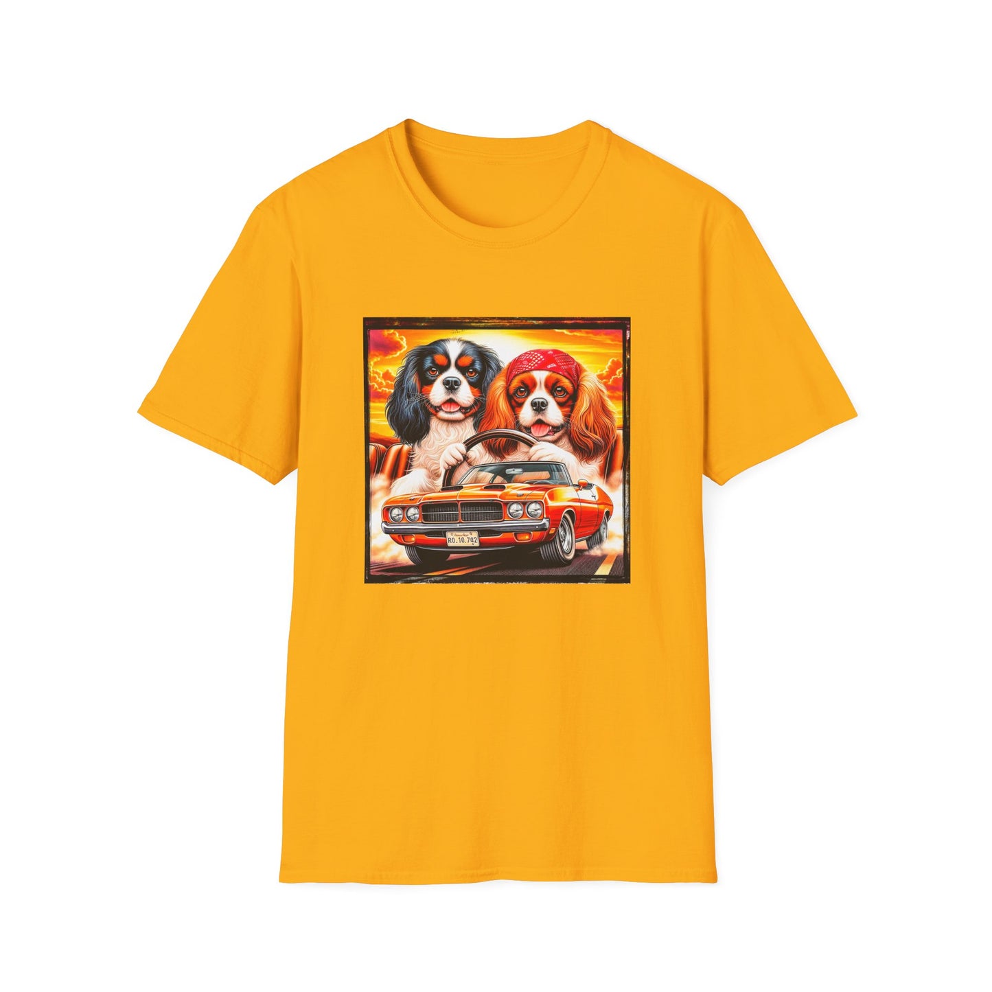 Cavalier King Charles Spaniel Hippie Couple Dogs In Car TShirt T-Shirt Printify S Gold