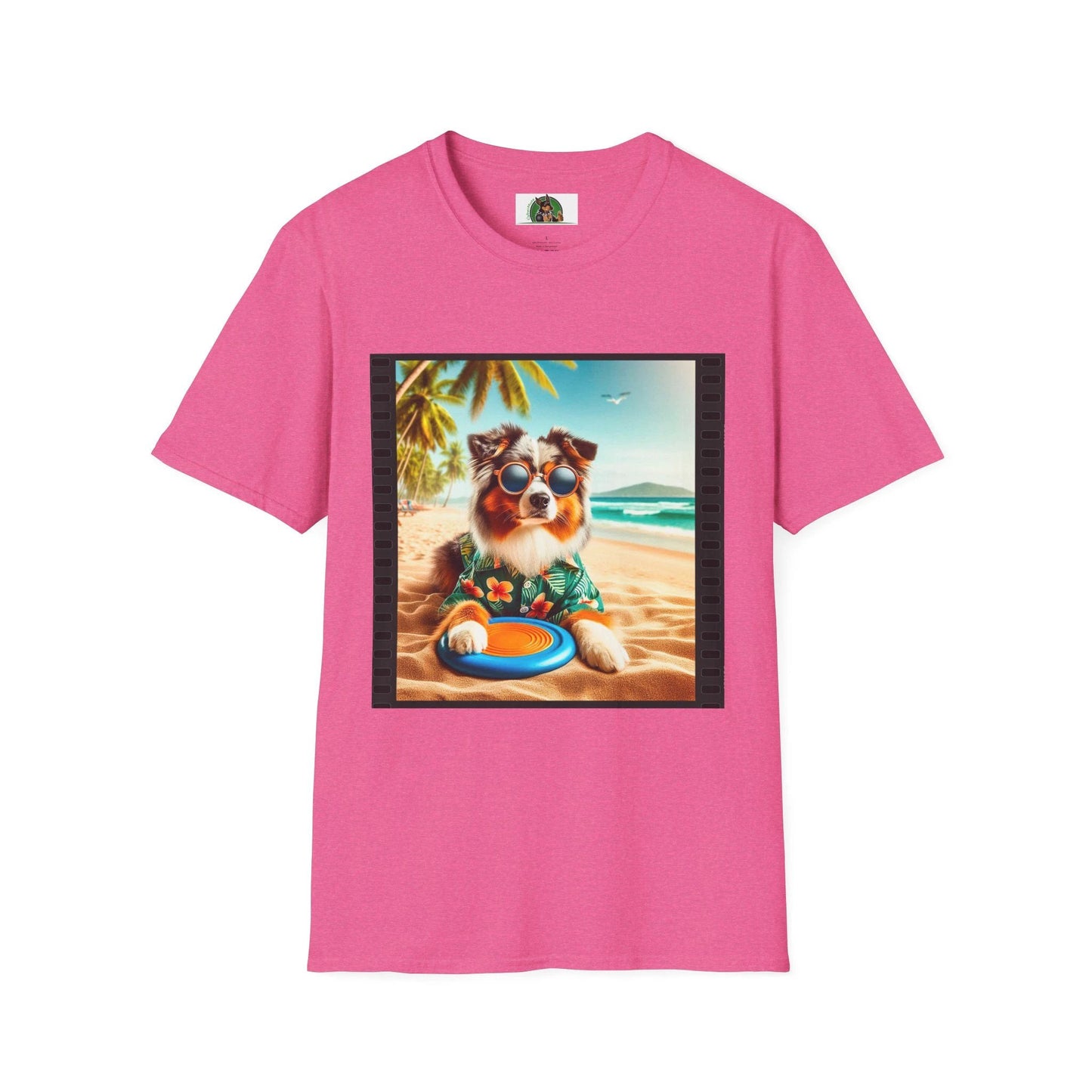 Australian Shepherd Beach Frisbee Dog Graphic Tee Unisex Soft Style Shirt for Dog Lovers T-Shirt Printify S Heather Heliconia