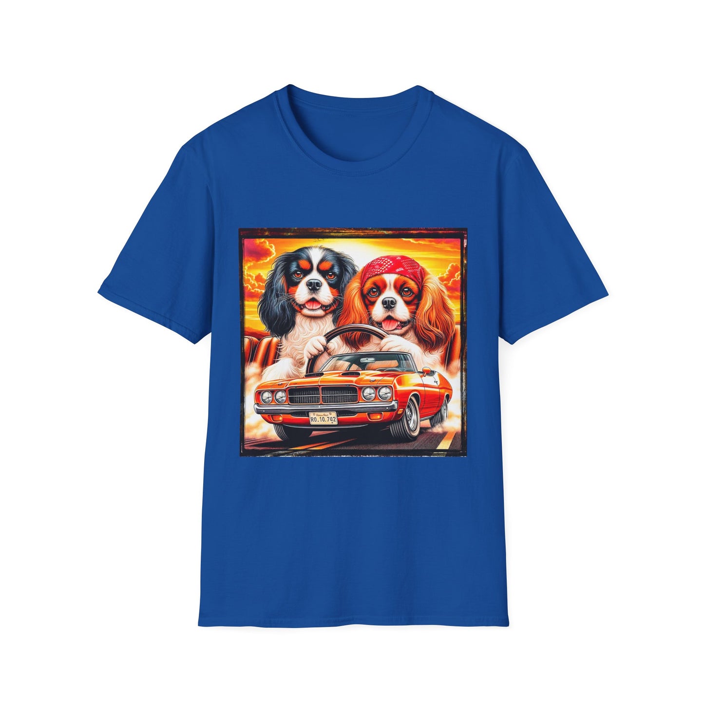 Cavalier King Charles Spaniel Hippie Couple Dogs In Car TShirt T-Shirt Printify XS Royal