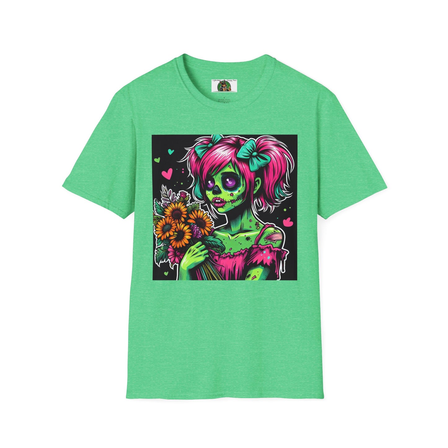 Zombie Pinup Girl with Flowers T-Shirt Printify Heather Irish Green S 