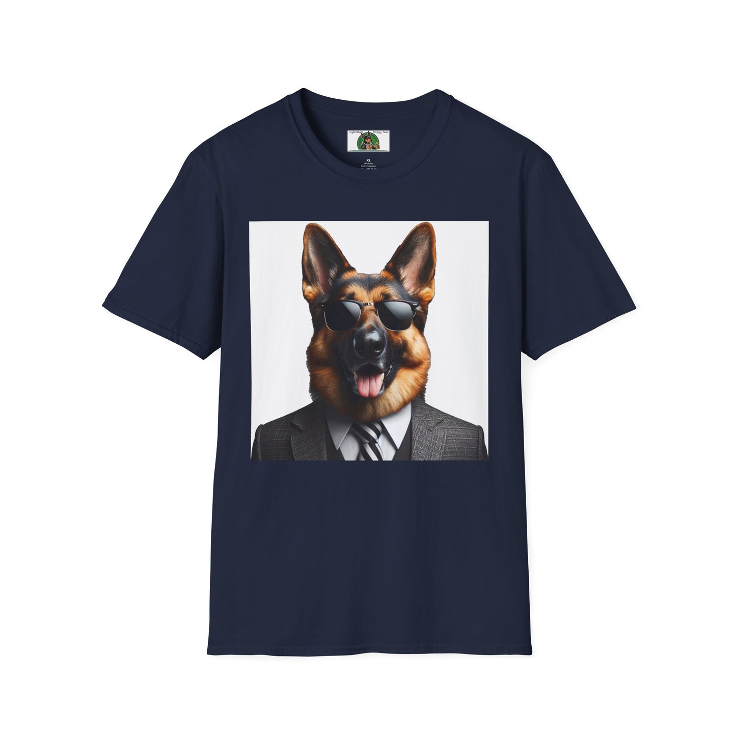 German Shepherd in Suit and Sunglasses Unisex Softstyle T-Shirt T-Shirt Printify S Navy