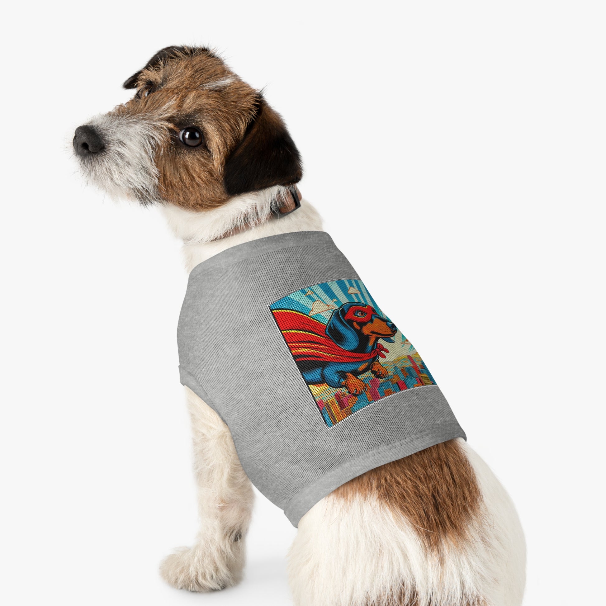 Pet Tank Top Dachshund flying superhero t shirt Pets Printify