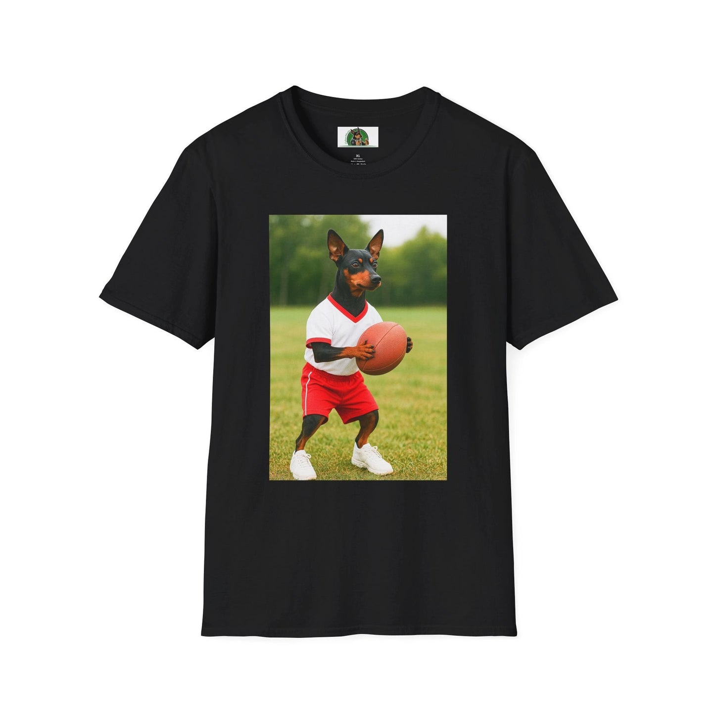 Miniature Pinscher Football T-Shirt — "Min Pin Football" Dog Lover Sports Tee T-Shirt Printify Black S