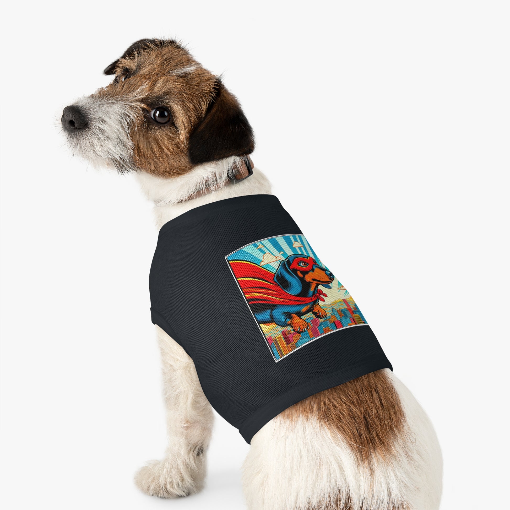 Pet Tank Top Dachshund flying superhero t shirt Pets Printify