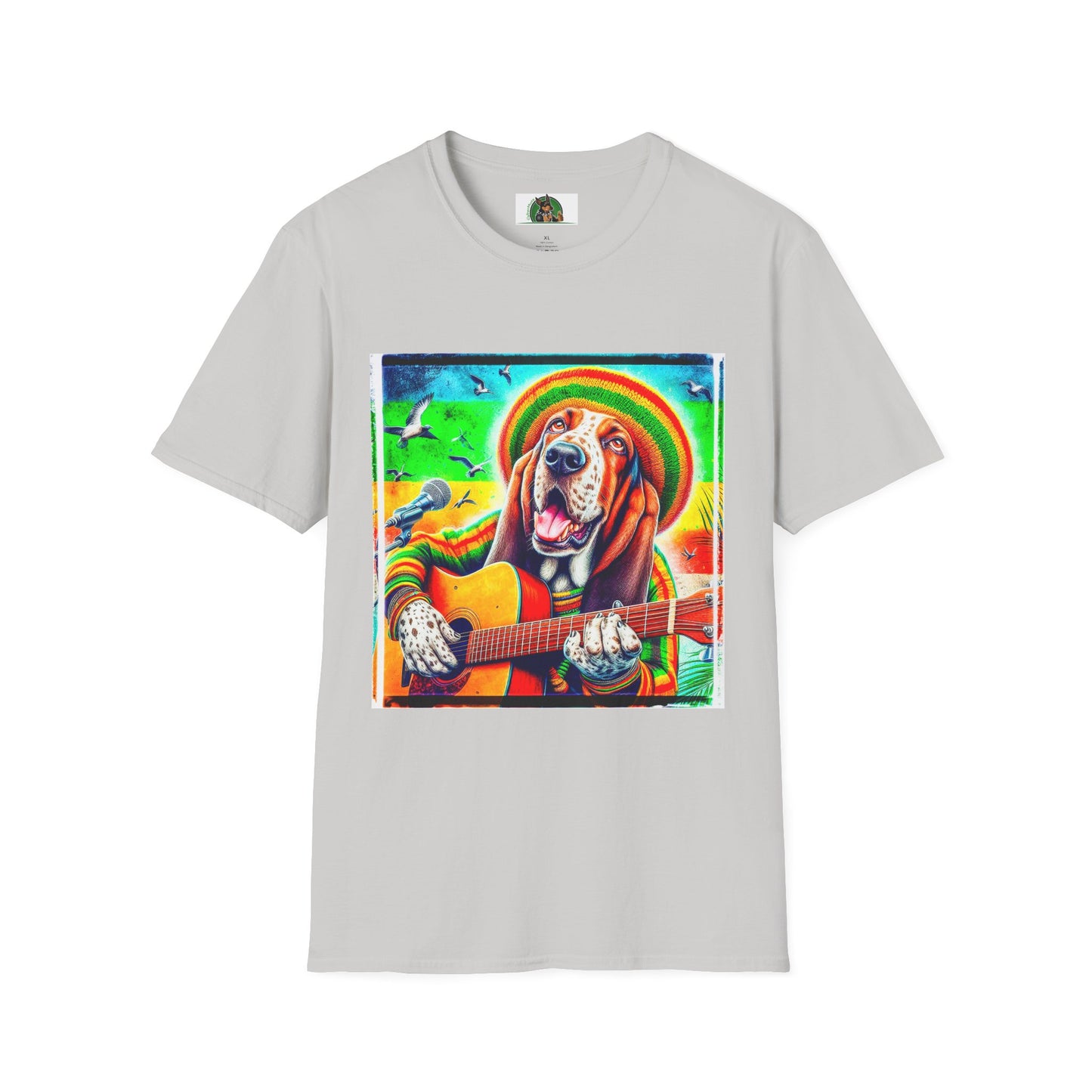 Basset Hound Rasta Dog Playing Guitar T-Shirt Printify S Ice Grey