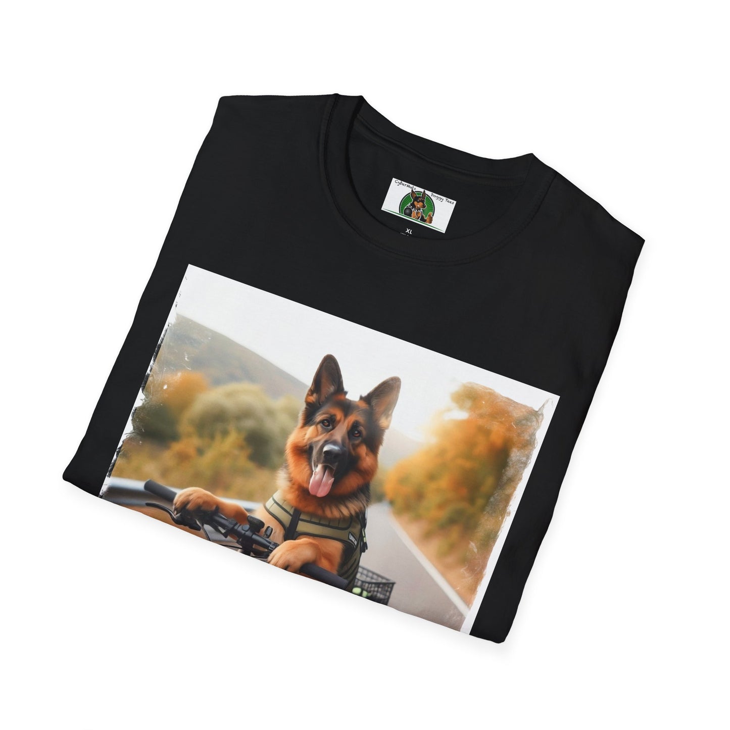 German Shepherd Dog Road Biking! Unisex Softstyle T-Shirt
