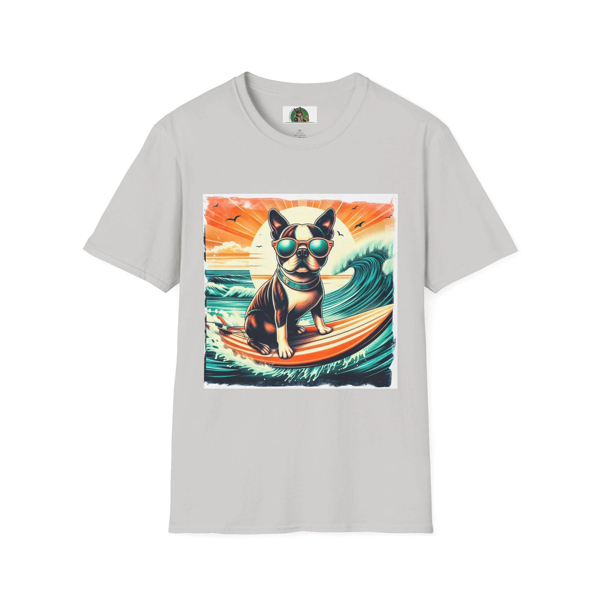 Sunset Surfer Boston Terrier Dog T Shirt For Beach Lovers And Surf Enthusiasts Perfect Summer Wardrobe T-Shirt Printify S Ice Grey