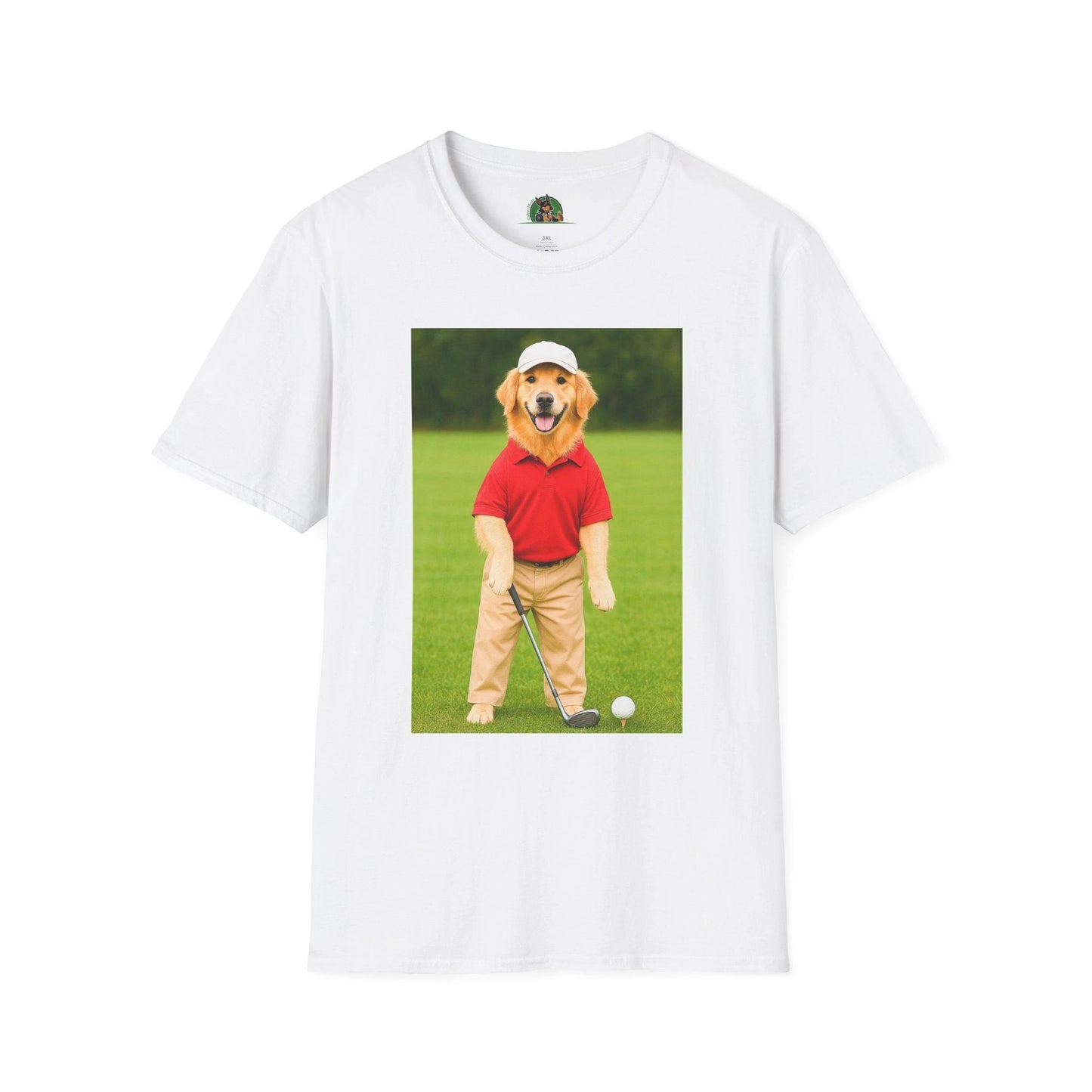 Golden Retriever Playing Golf T-Shirt — Funny Dog Golfing Sports Tee T-Shirt Printify White S